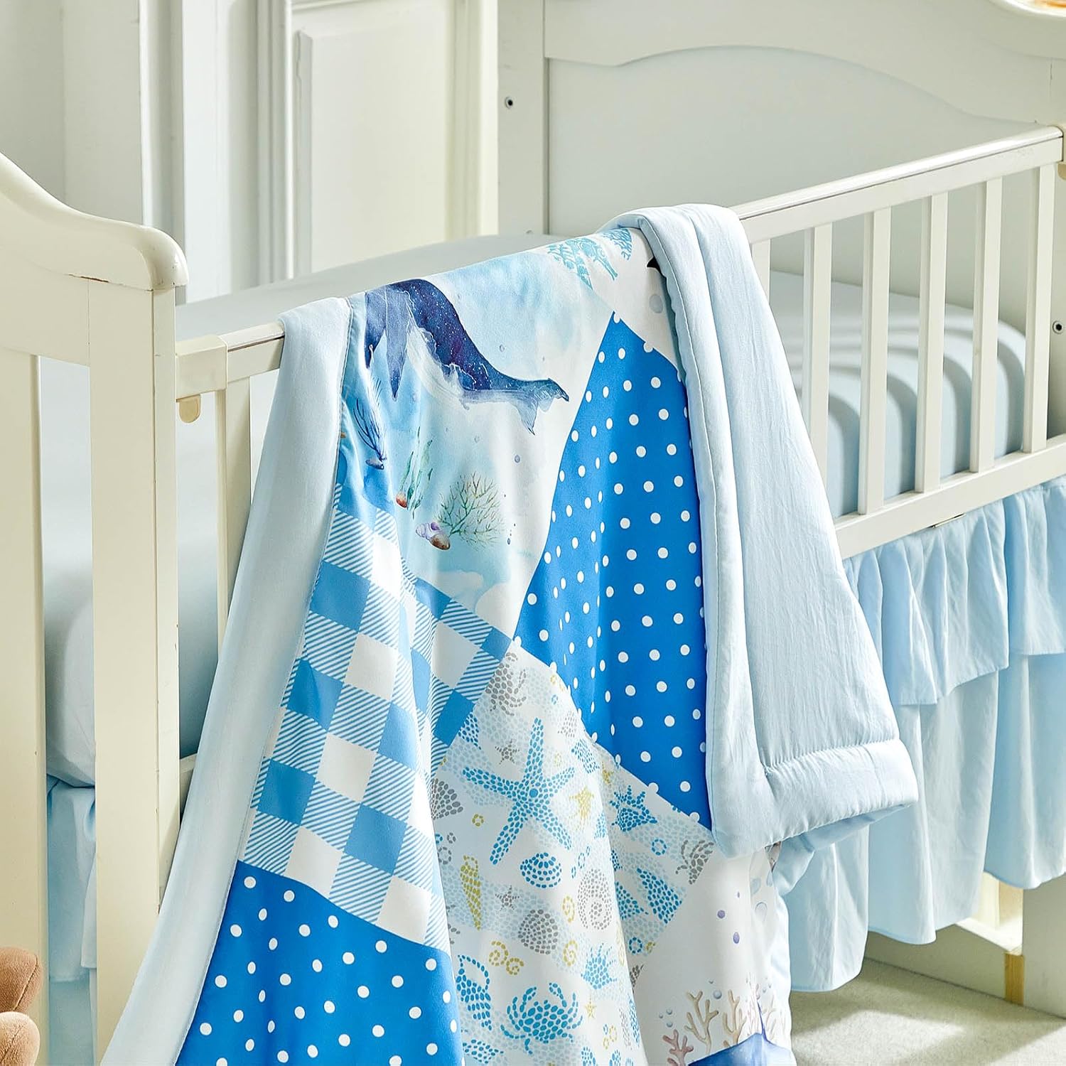 Patchwork Crib Bedding Set Blue Ocean Plaid Design 3 Pieces Baby Cute Quilted Comforter with Fitted Sheet and Bed Skirt - Whales Dolphins Turtles Seahorses Shell Marine Animals Style Crib Bed Set