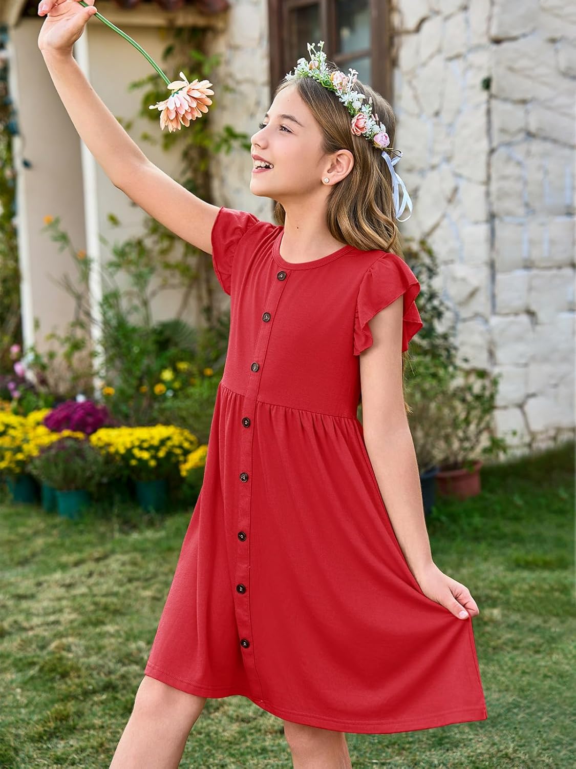 Haloumoning Girls Dress Kids Flutter Sleeve A-Line Button Down Sundress Casual Midi Dresses 5-14 Years - Image 2