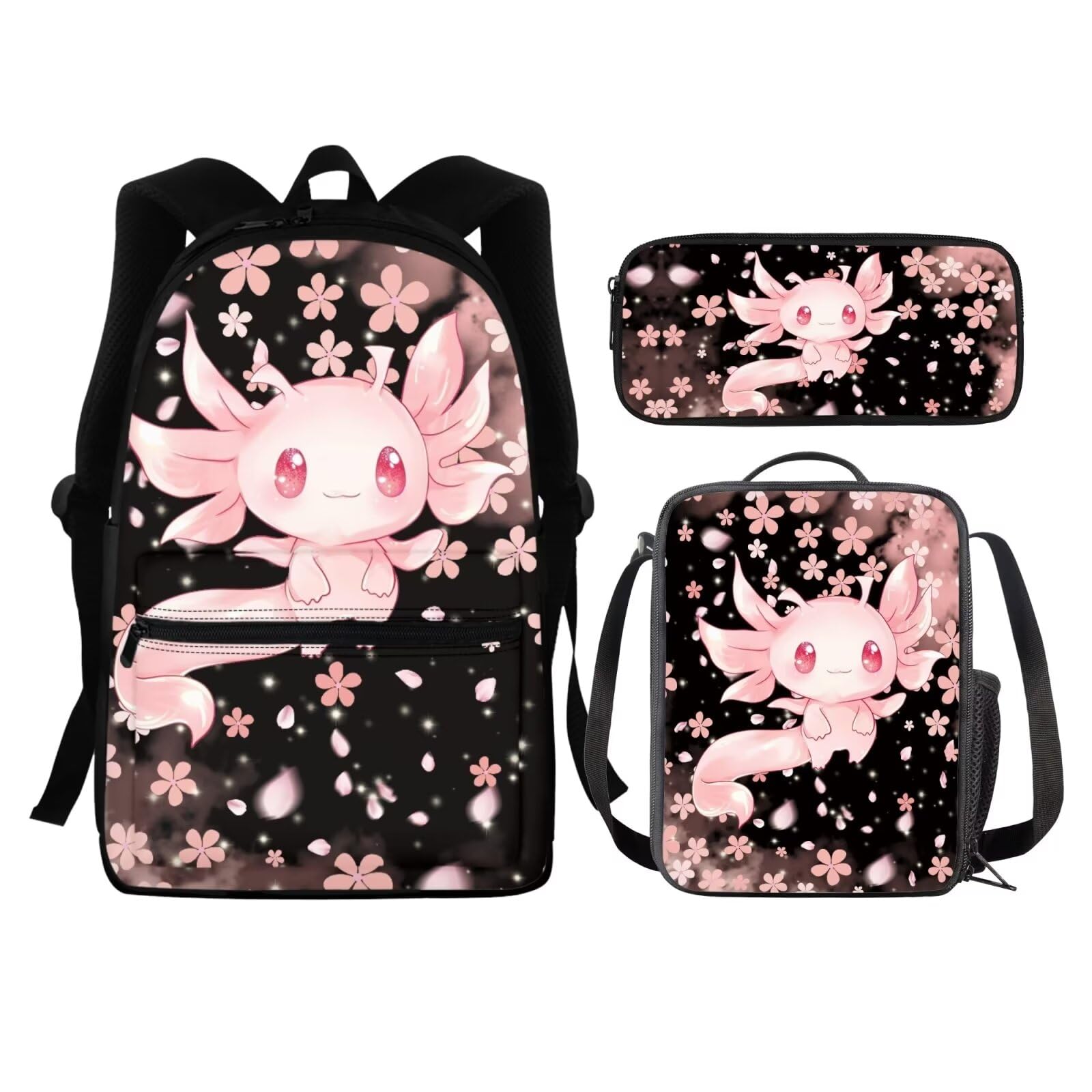 ZPINXIGN Kids Backpack Set With Lunch Bag & Pencil Case - Cute Axolotl Strawberry Design School Bag