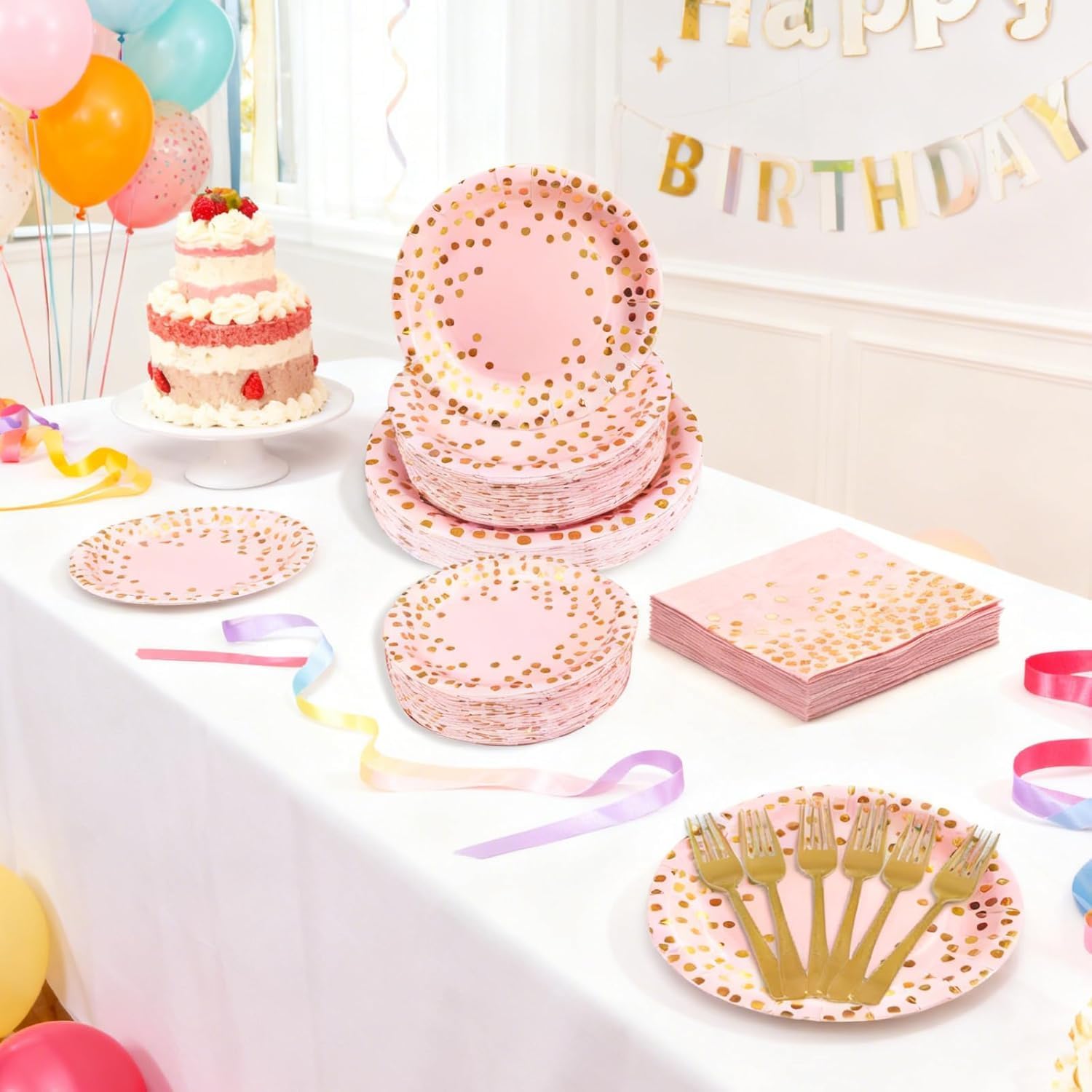 Paper Plates and Napkins Party Supplies - 175pcs Pink and Gold Polka Dots Disposable Party Plates and Cups and Napkins Sets for Birthday, Wedding, Shower, Graduation Decorations (Serve 25 Guests)