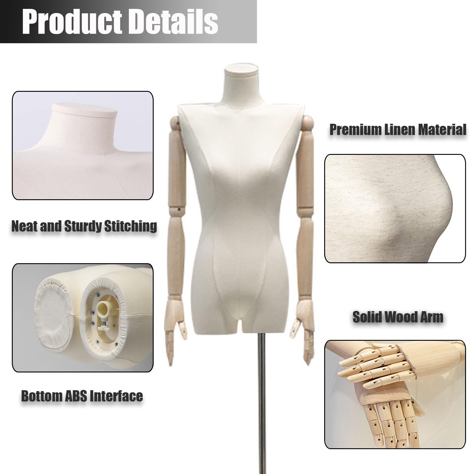 Maniquíes Maniqui Costura Mujer, Altura Ajustable Maniquí Femenino Costura con Brazo Madera Desmontable, Busto Señora Maniquies Torso for Joyerías Tiendas Ropa(D)