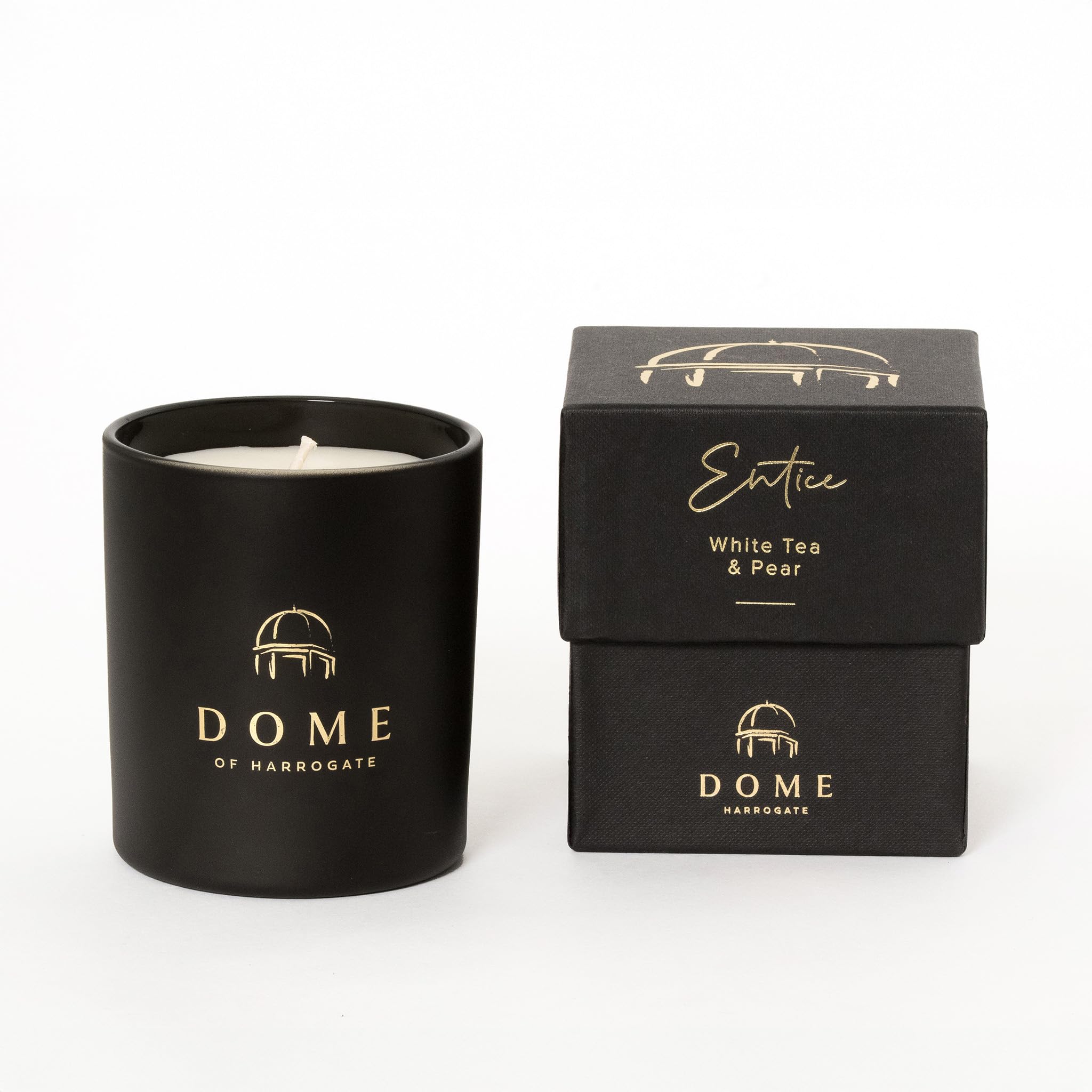 Dome of Harrogate | Entice Scented Candle – White Tea & Pear | 30cl Hand-Poured Luxury Candle | Natural Wax with Essential Oils | Up to 40 Hour Burn | Black & Gold Gift Packaging | Opulence Collection