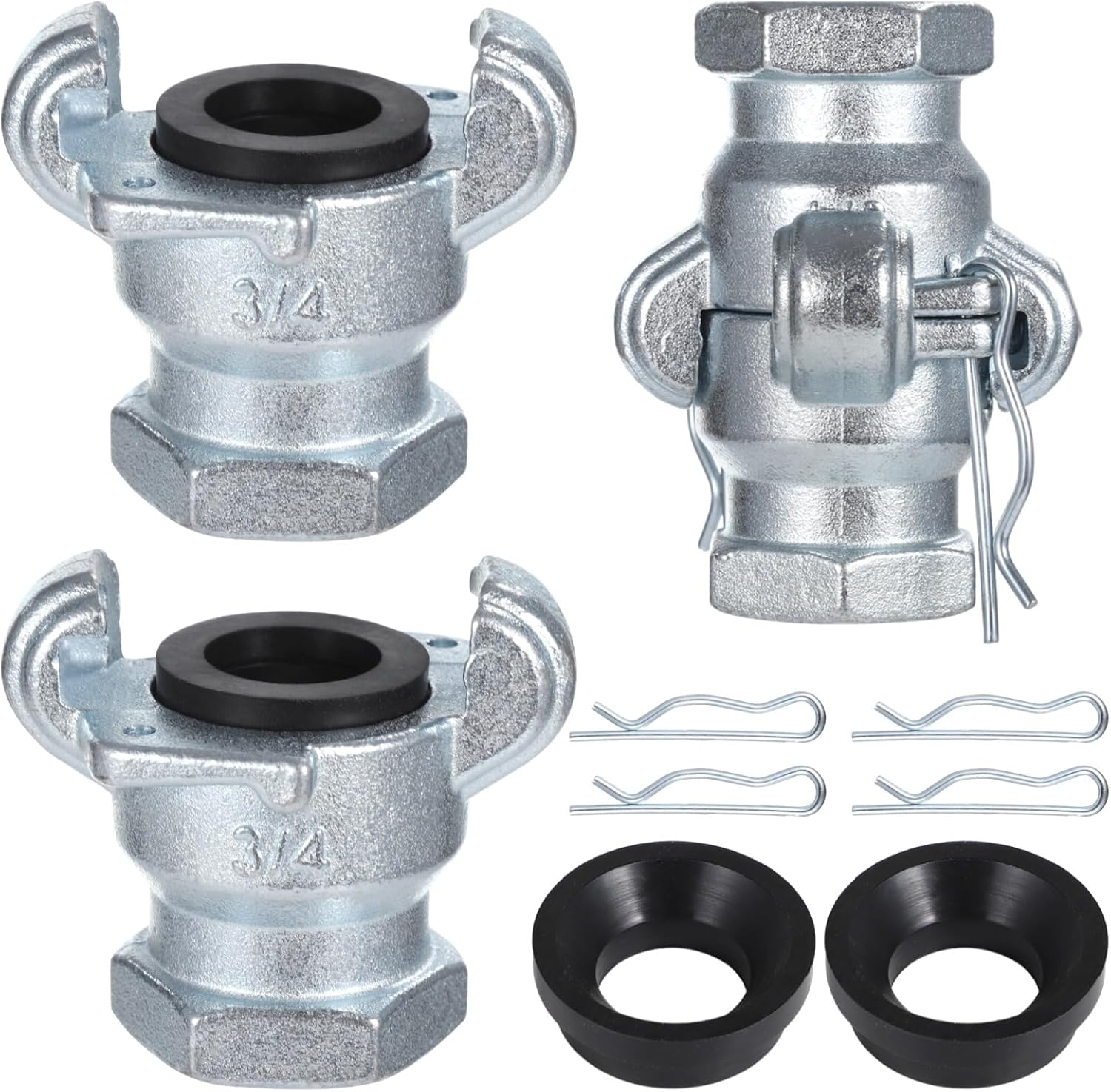 NPT Iron Air Hose Fittings, 2 Sets 3/4 Inch Female End Chicago Fitting, Universal Hose Coupling, Air Hose Fitting Set with Safety Clips & Spare Rubber Gaskets, Carbon Steel Leakproof Air Hose Coupler
