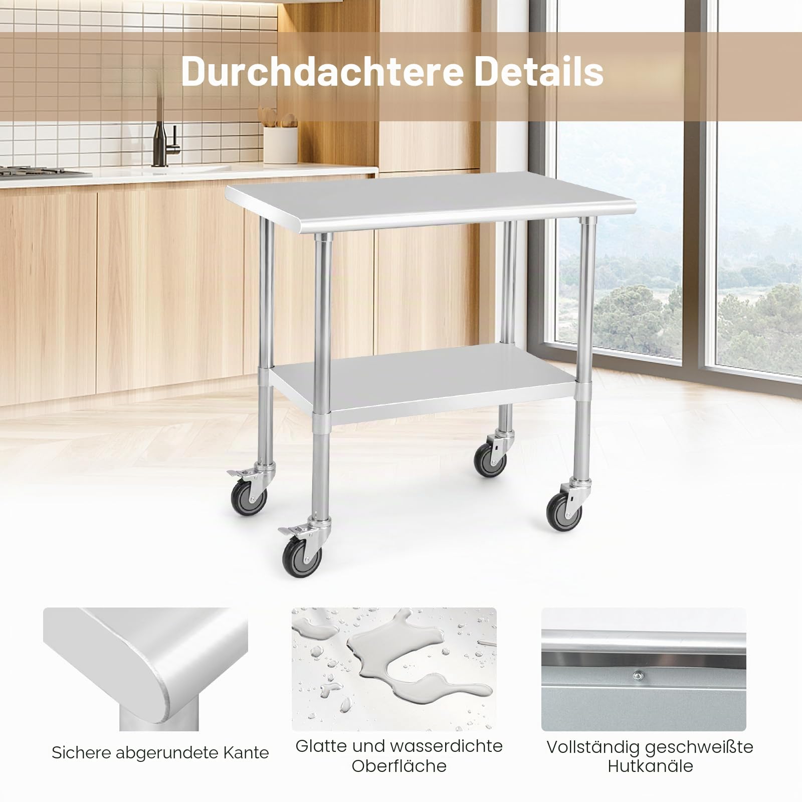KOMFOTTEU Arbeitstisch Edelstahl, Edelstahltisch mit Rollen höheverstellbar, Küchentisch Speisezubereitungstisch 2 Ebene, Zerlegetisch 250kg belastbar für Restaurant Küch (91,5x61x89,5 cm)