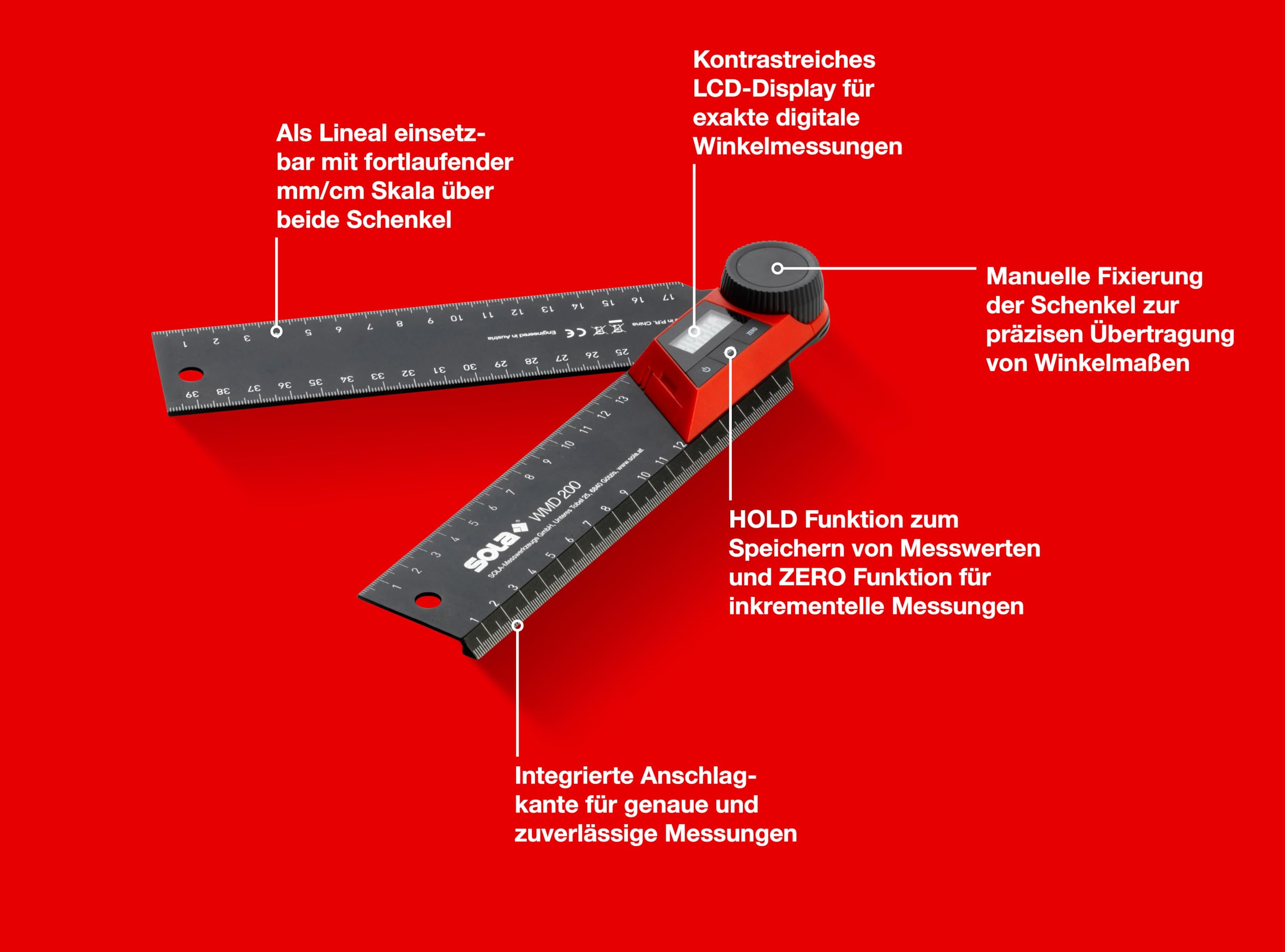 SOLA WMD 200 - Digitaler Winkelmesser - Länge 200 mm - Anschlagwinkel mit LCD Anzeige für exakte Winkelmessungen - Schreinerwinkel digital - Winkelmesser mit Lineal für Metall- und Holzbearbeitung