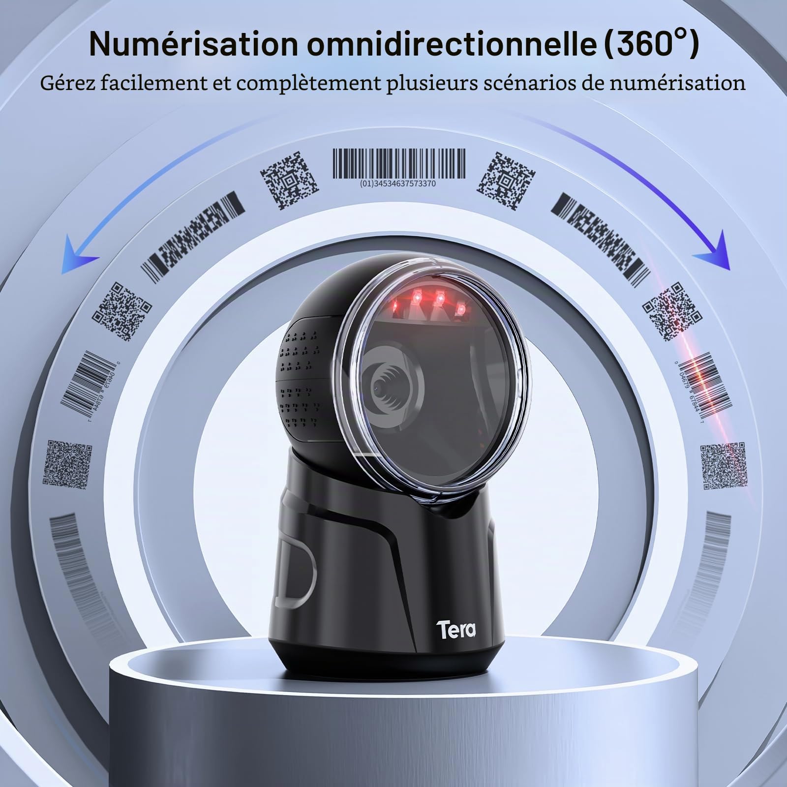 Tera Scanner de Codes-Barres Omnidirectionnel 1D 2D QR Mains Libres USB Filaire Tête de Numérisation Réglable Model 9000