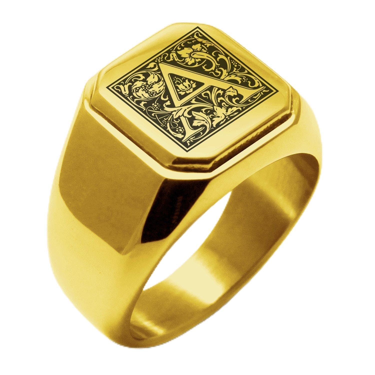 Tioneer Jewelry | Stainless Steel Letter Alphabet Initial Ring | Square Flat Top Ring for Men & Women | Stainless Steel Jewelry, (Black, Gold, Silver)