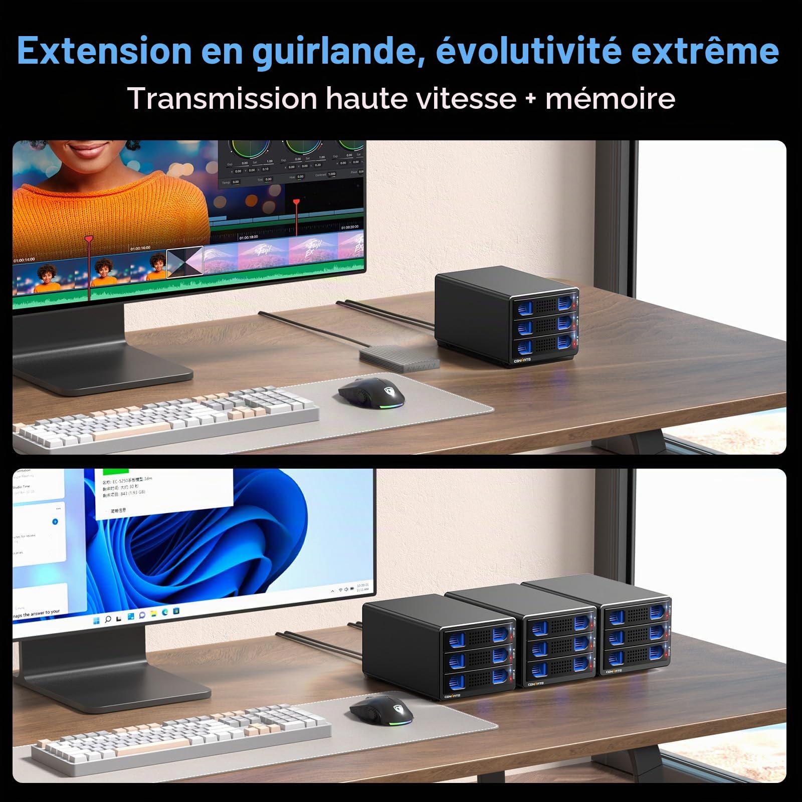 Boîtier Disques Durs, Aluminium Boîtier 3 Baies 10Gbps avec Ventilateur pour HDD/SSD SATA 2,5/3,5, Câble USB A/C 3.2 Remplacement à Chaud, Boîtier HDD sans Outil, DAS (sans Raid/NAS)