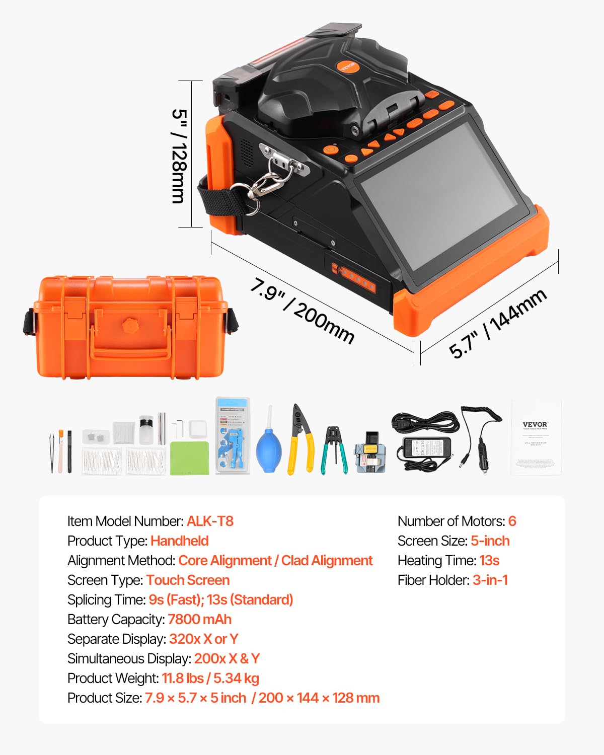 VEVOR Empalmador de Fibra Óptica 6 Motores, Alineación Núcleo Revestimiento, 6 s, Calentamiento 13 s, Pantalla Táctil 128 mm, Batería 7800 mAh
