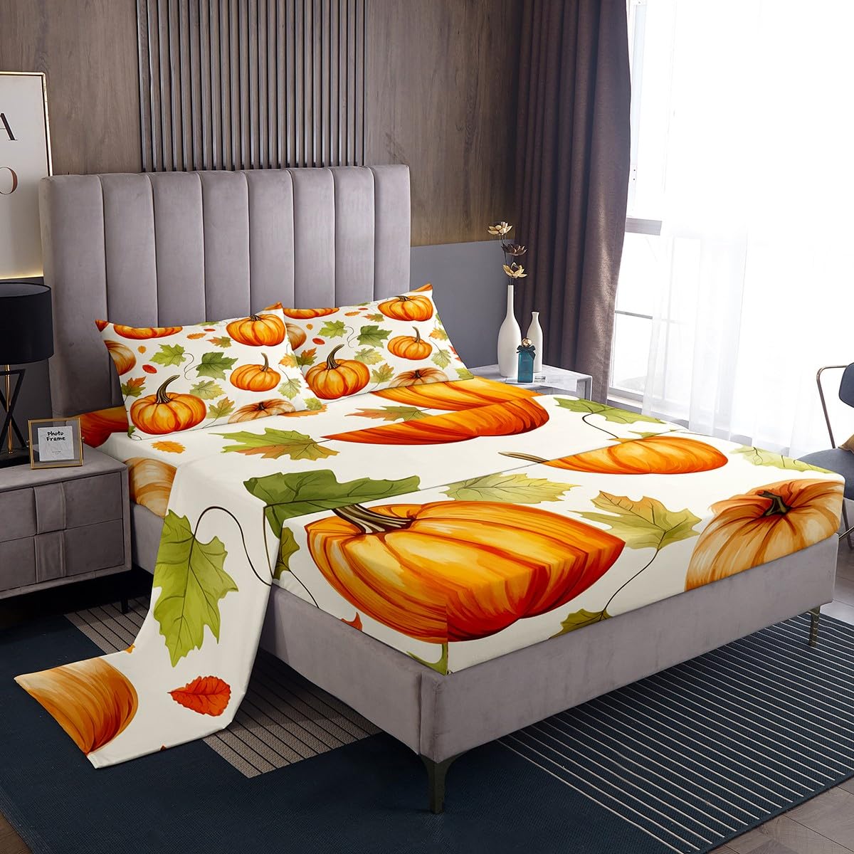 Homemissing Kids Cartoon Pumpkin Bed Sheets Set King Size, Autumn Kids Boys Girls Sheet Set Fall Sheets with Deep Pocket Fitted Sheet Maple Leaves Bedding Set Teens Room Decor With 2 Pillow Case