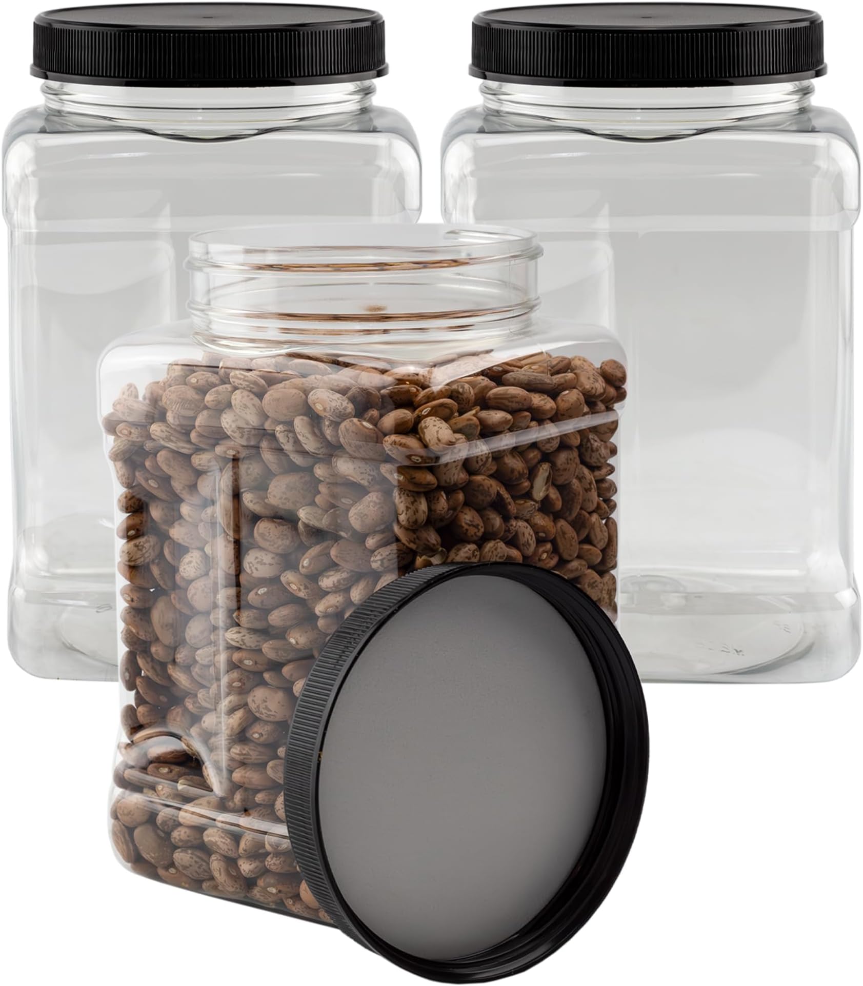 48oz Square Plastic Jars (3-Pack); Clear Rectangular 6-Cup Canisters w/Black Lids, Easy-Grip Side
