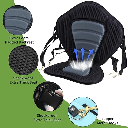 Miniatura 2 de Vashly Asiento de kayak, asiento universal desmontable para kayak, asientos de canoa con bolsa de almacenamiento desmontable, cojín de asiento de