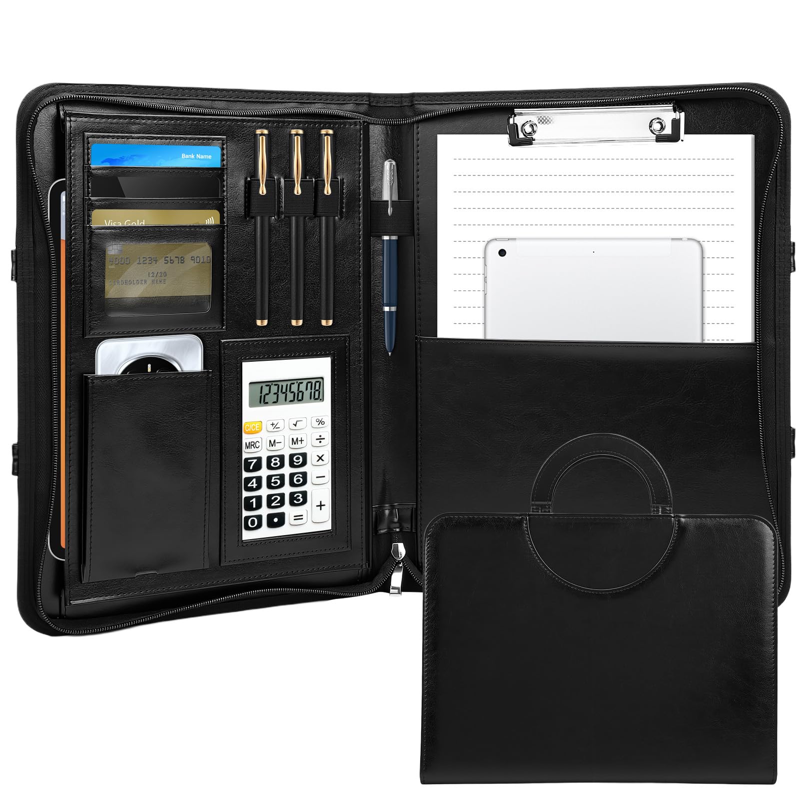 Cartella business in pelle vegana di alta qualità con chiusura lampo, organizer Padfolio per donna e uomo, mappa con scomparto per carte, blocco per appunti e scomparto per carte per affari, scuola e