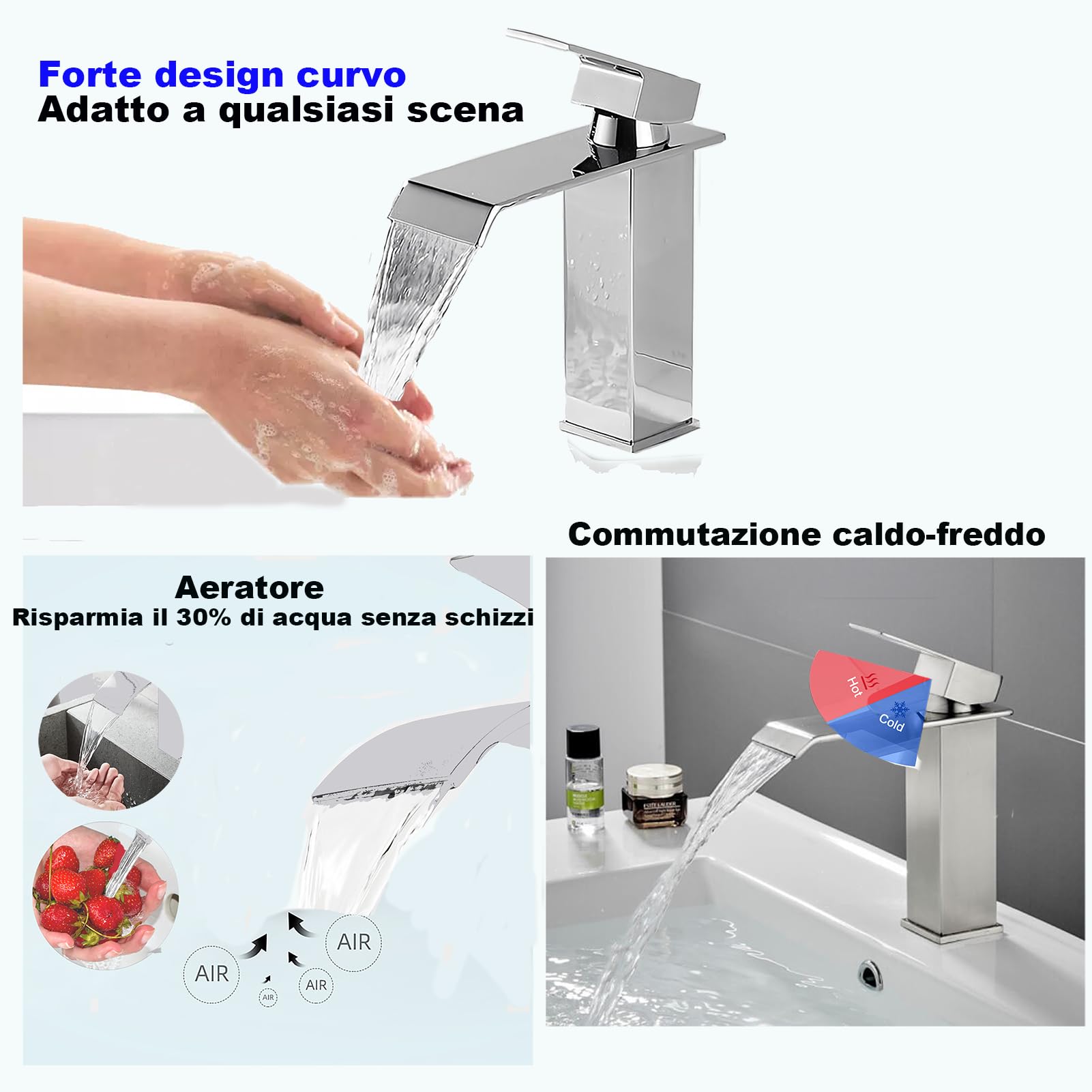 XWIHTR Rubinetto a cascata per bagno, rubinetto per lavabo a una maniglia, risparmio idrico, rubinetto per lavabo, bocca calda e fredda, rubinetto per bagno in acciaio inox (spazzolato)