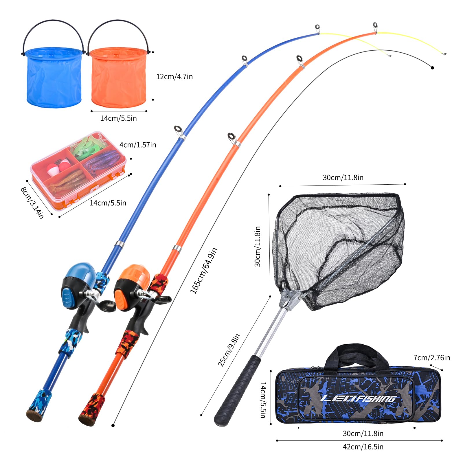 LEOFISHING Juego de cañas de Pescar telescópicas para niños y niñas, cañas de Pescar y Combinaciones de carretes con Kits completos, Red de Pesca y Cubo para niños pequeños, Adolescentes (Azul