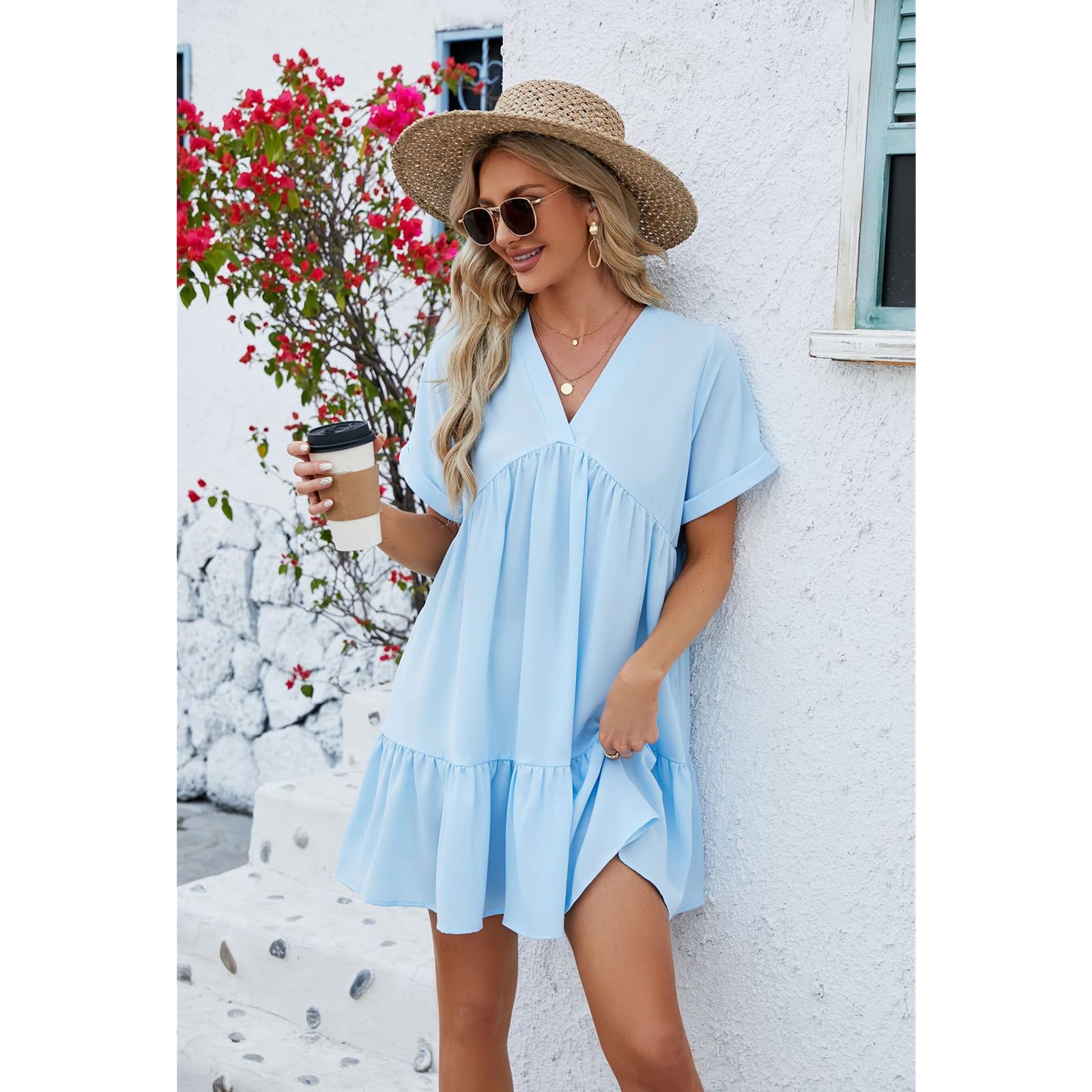 Abito Estivo Abiti per Le Donne V Neck Abito High Piegheggiato Al Ginocchio Abiti Sciolti Swing Abiti Leggeri Estate, HUTALIM, Rosso rosa, XL