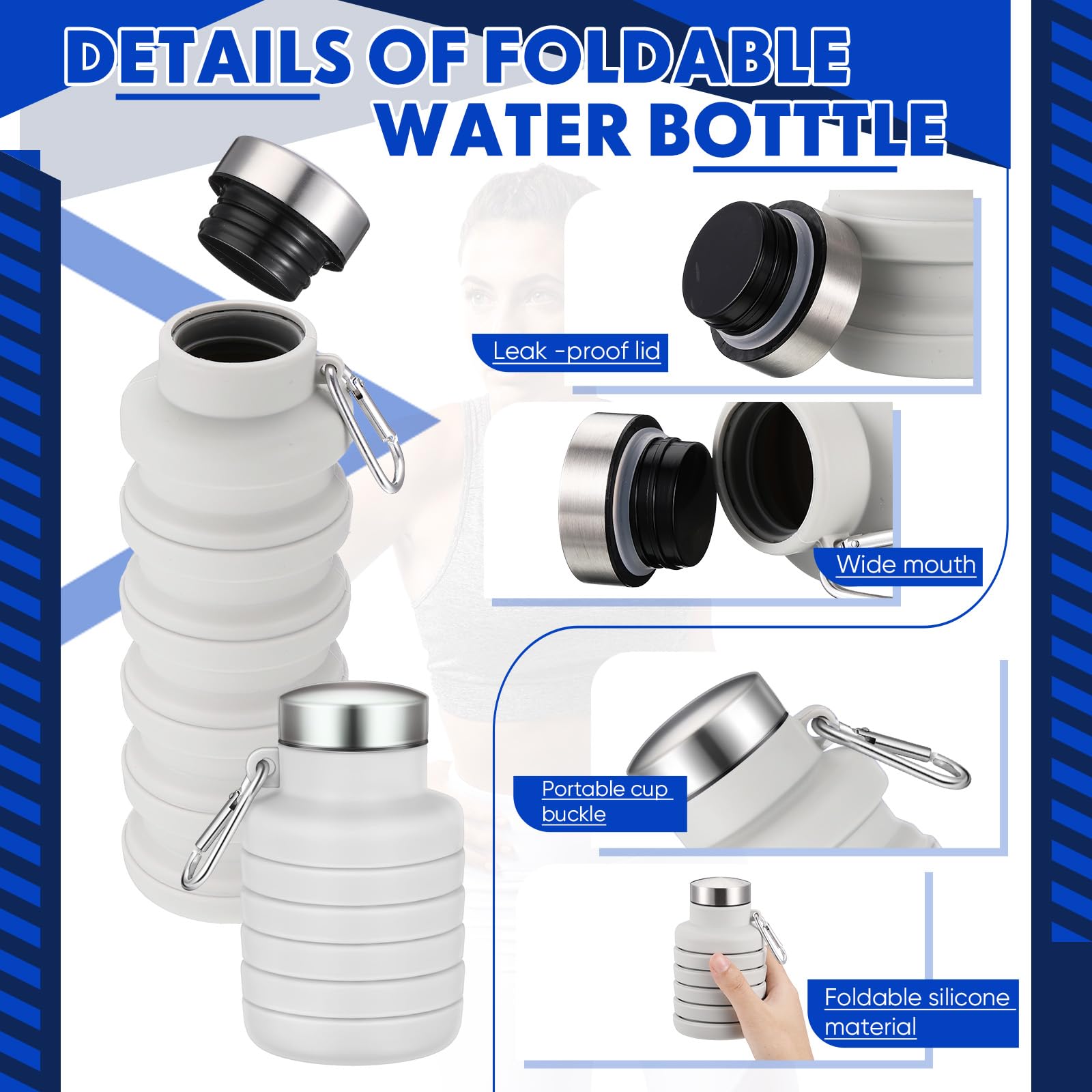 Baderke 1 botella de agua plegable de 17 onzas para viajes, botella de agua de silicona plegable reutilizable con hebilla portátil de silicona para camping, senderismo, deportes (gris blanco)
