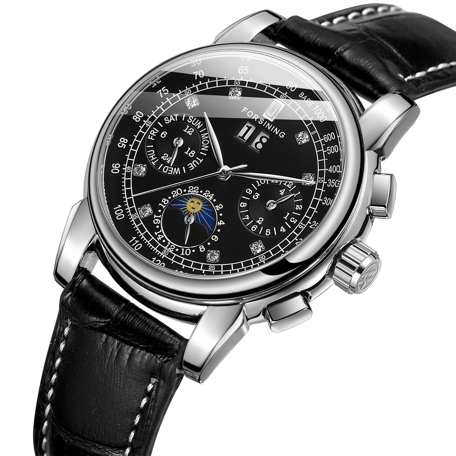 FORSINING Wasserdichte automatische Business-Armbanduhr für Damen, Kalender, selbstaufziehend, Edelstahl, Mondphasen-Armbanduhr, Schwarz, Schwarz , Armband