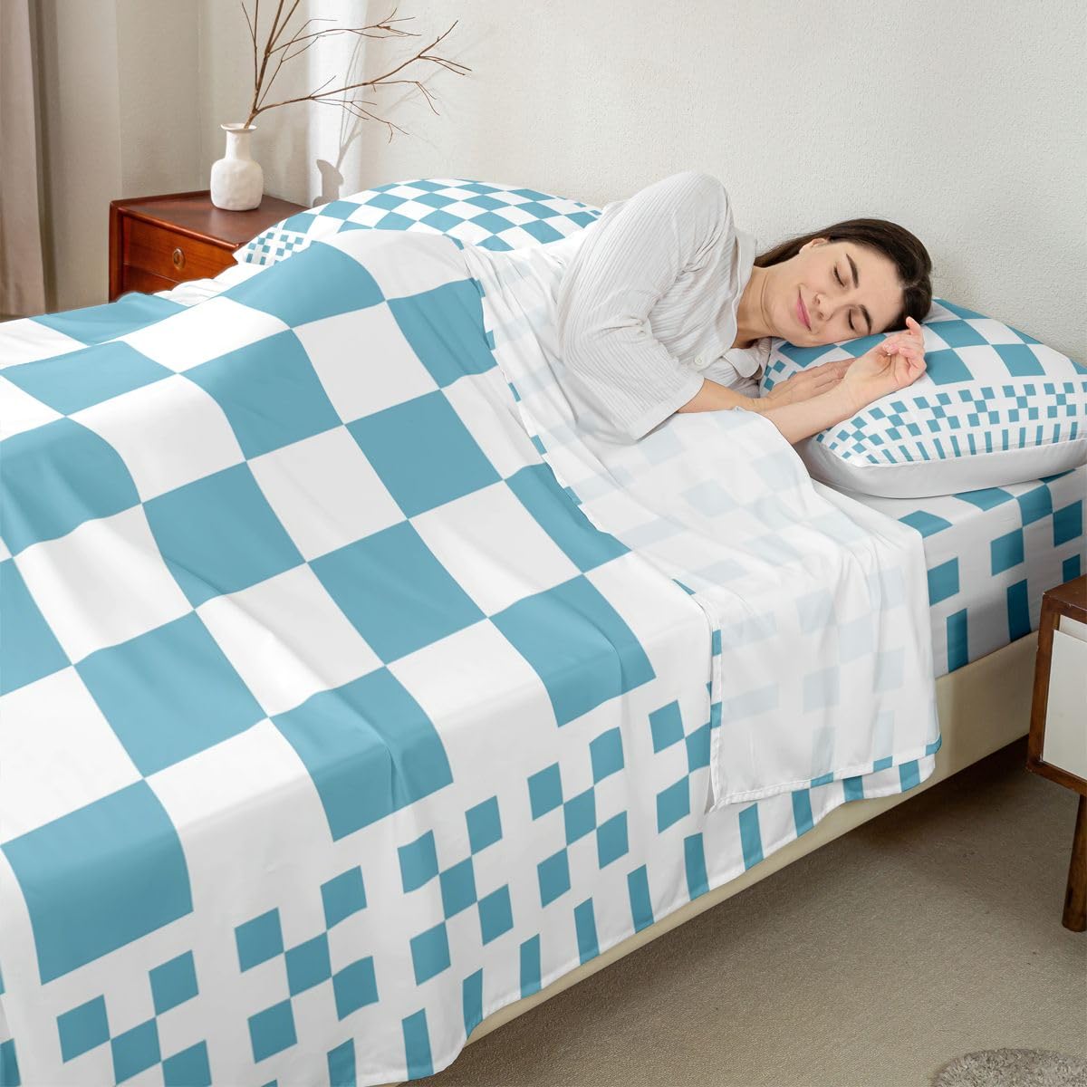 Homewish Biało-niebieski zestaw pościeli w kratę podwójne geometryczne prześcieradła szachownica patchworkowy zestaw prześcieradeł w kratkę - nowoczesny dom wiejski prześcieradło z gumką 4-częściowy