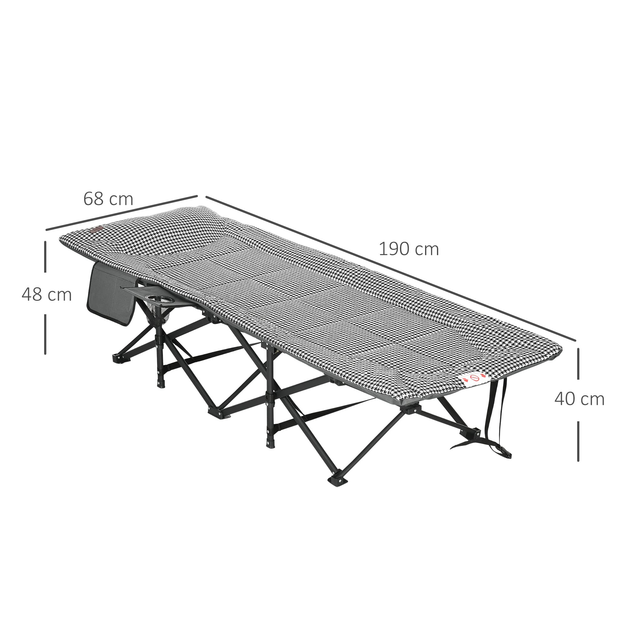 Outsunny Lit de Camping Pliable Robuste pour Adultes, Charge Jusqu'à 250 kg, Lit de Voyage Portable 1 Personne avec Poche latérale, Porte-gobelet et Sac de Transport 68 x 190 x 48 cm, Noir