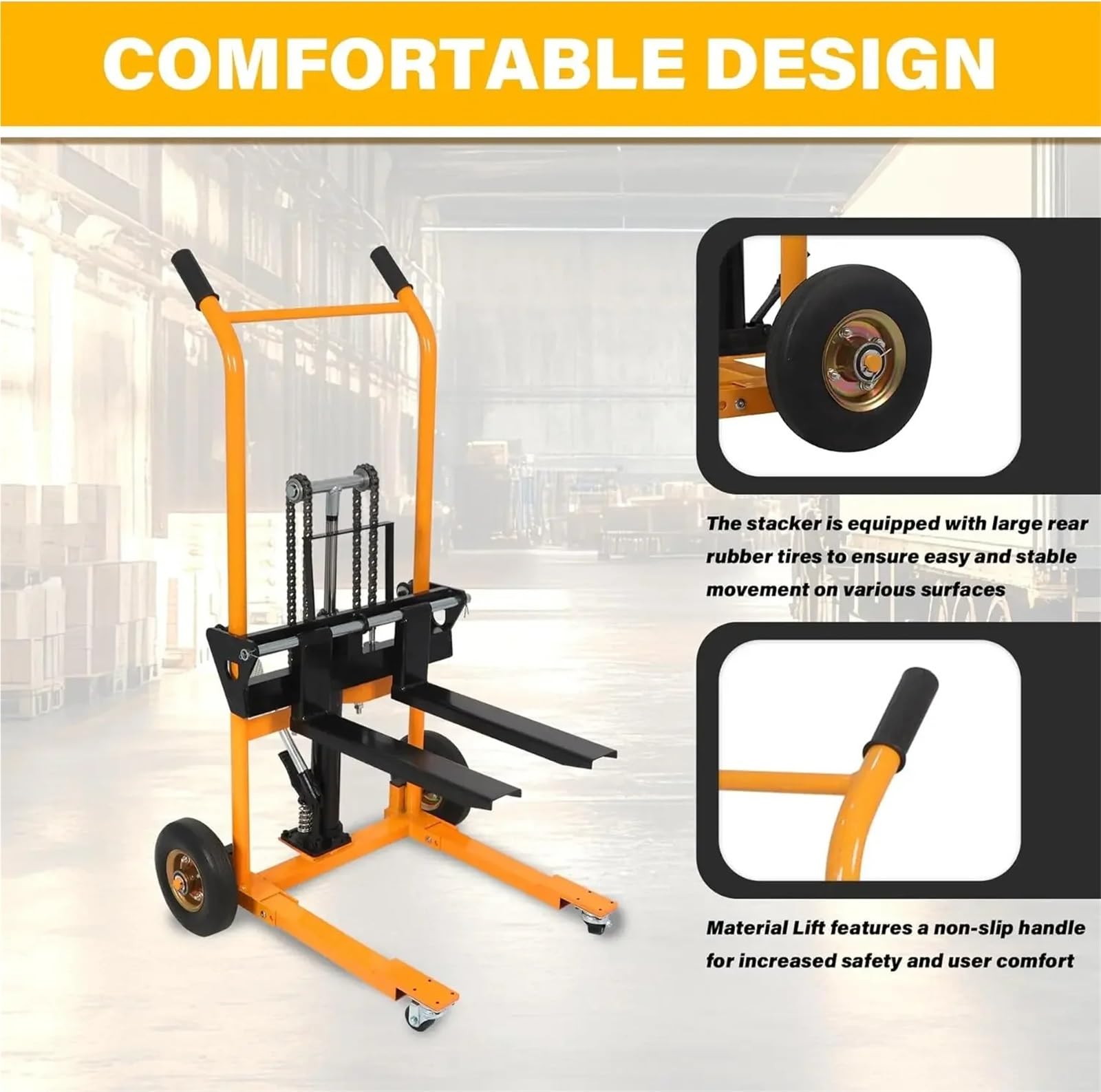 Transpallet manuale per impieghi gravosi, capacità 200 kg, con verricello e volanti, altezza di sollevamento 89,9 cm per magazzini, industriali e logistici