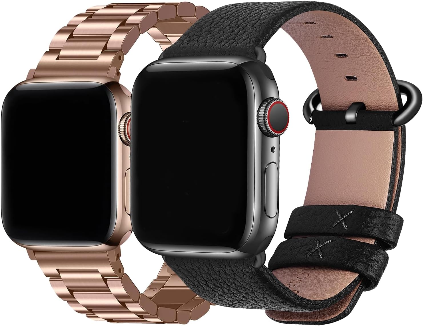 Fullmosa Compatible Stainless Steel Apple Watch Band 44mm/45mm/42mm Rose Gold with Case & Compatible Leather Apple Watch Band 44mm/45mm/42mm,Black