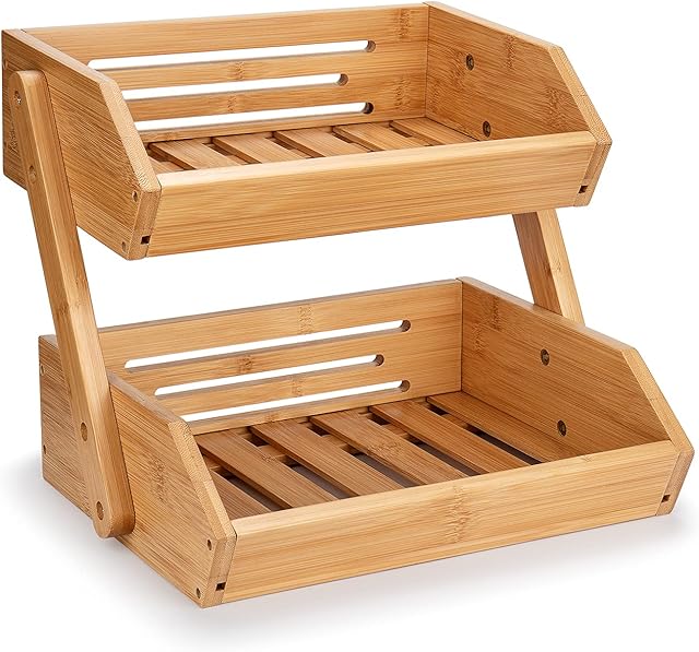 Bamboo Fruit Basket, 2-Tier Fruit Rack Holder Organiser for Countertop, Decorative Fruit Bowl Vegetables Bread Storage Stand for Kitchen