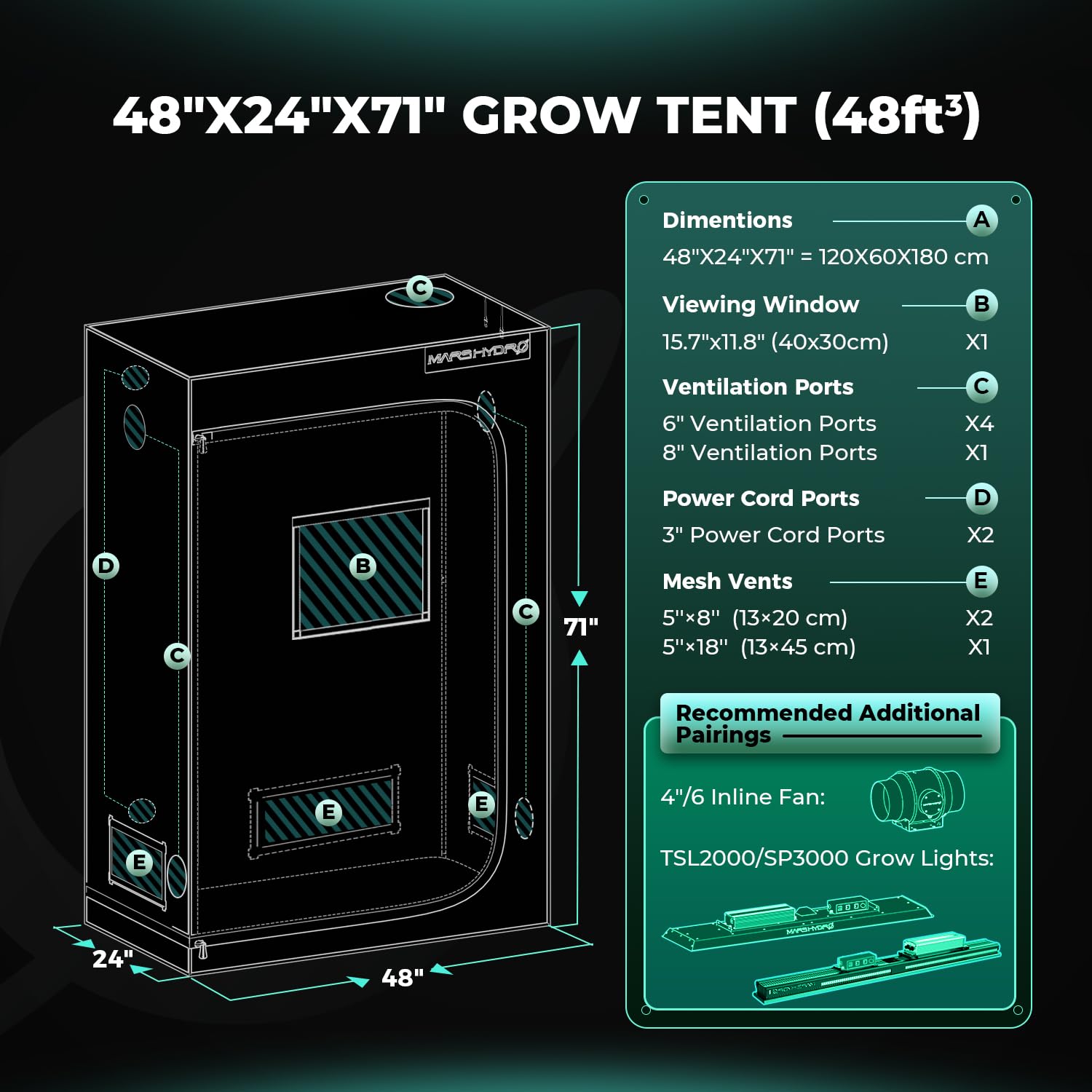 MARS HYDRO MarsHydro Growbox - Tenda da coltivazione, riflettente, traspirante, impermeabile, per interni ed esterni, Grow Tent (120 x 60 x 180 cm)
