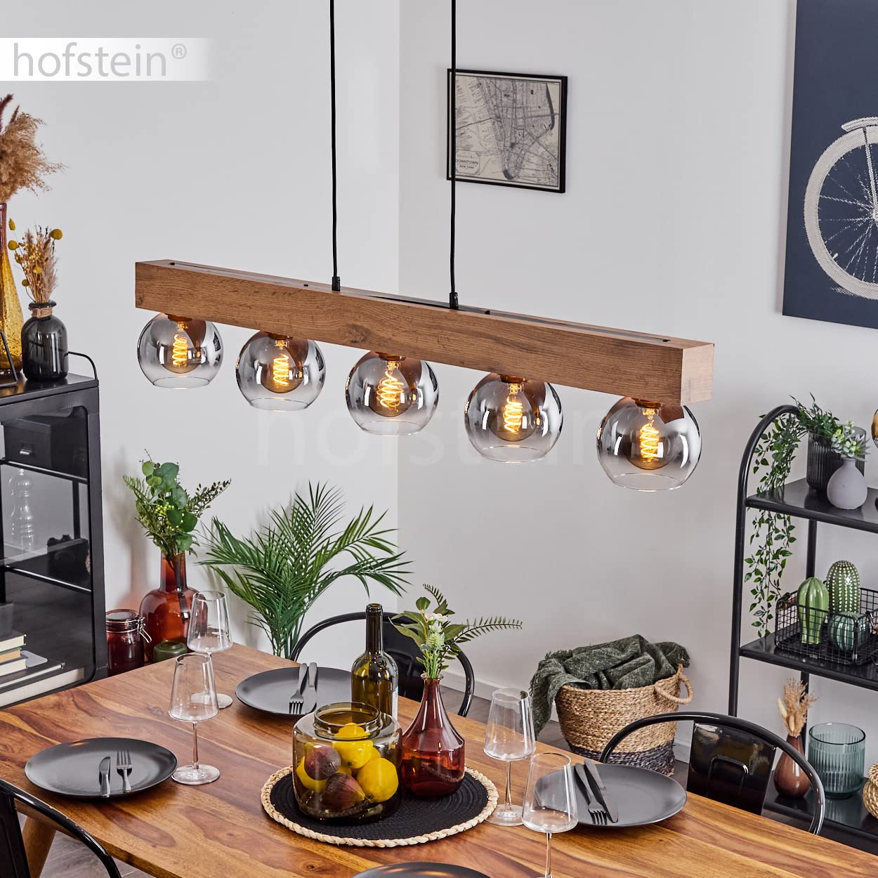 HOFSTEIN Lampada a sospensione moderna in metallo/MDF/vetro in colore Nero/Grigio fumo, lampada con altezza massima di 120 cm, 5 luci, 5 x E27, senza lampadina/e