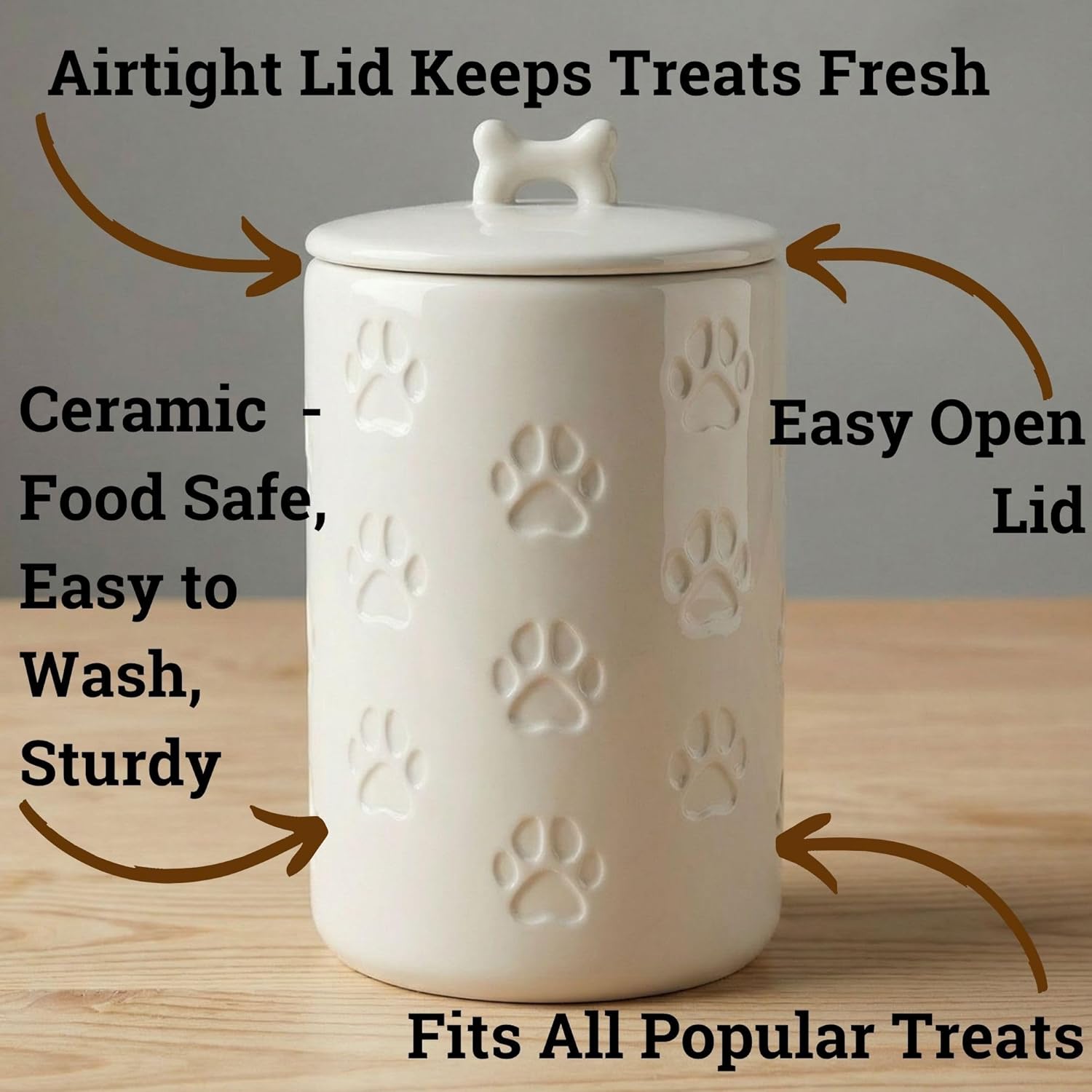 Dog Treat Container Airtight - 5 Inch Wide x 9 Inch Tall Ceramic Dog Treat Jar for Kitchen Counter with Airtight Lid - 7 Cup Capacity Pet Treat Container - Cute Doggie Cookie Jar - Big Treats Canister