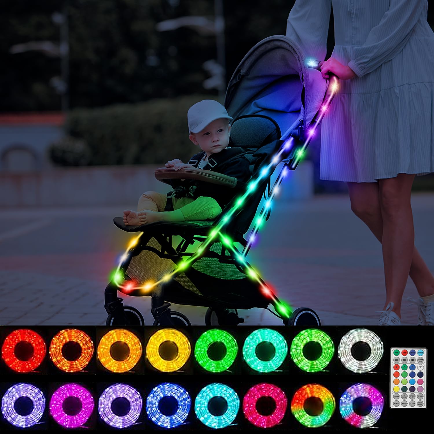 Hhyoisn Battery Powered LED Baby Stroller Lights, 10 FT Multicolor Stroller Rope Lights for Night Walking, 16 Colors 8 Modes Stroller RGB Led Strip Light with Remote for Stroller Accessories