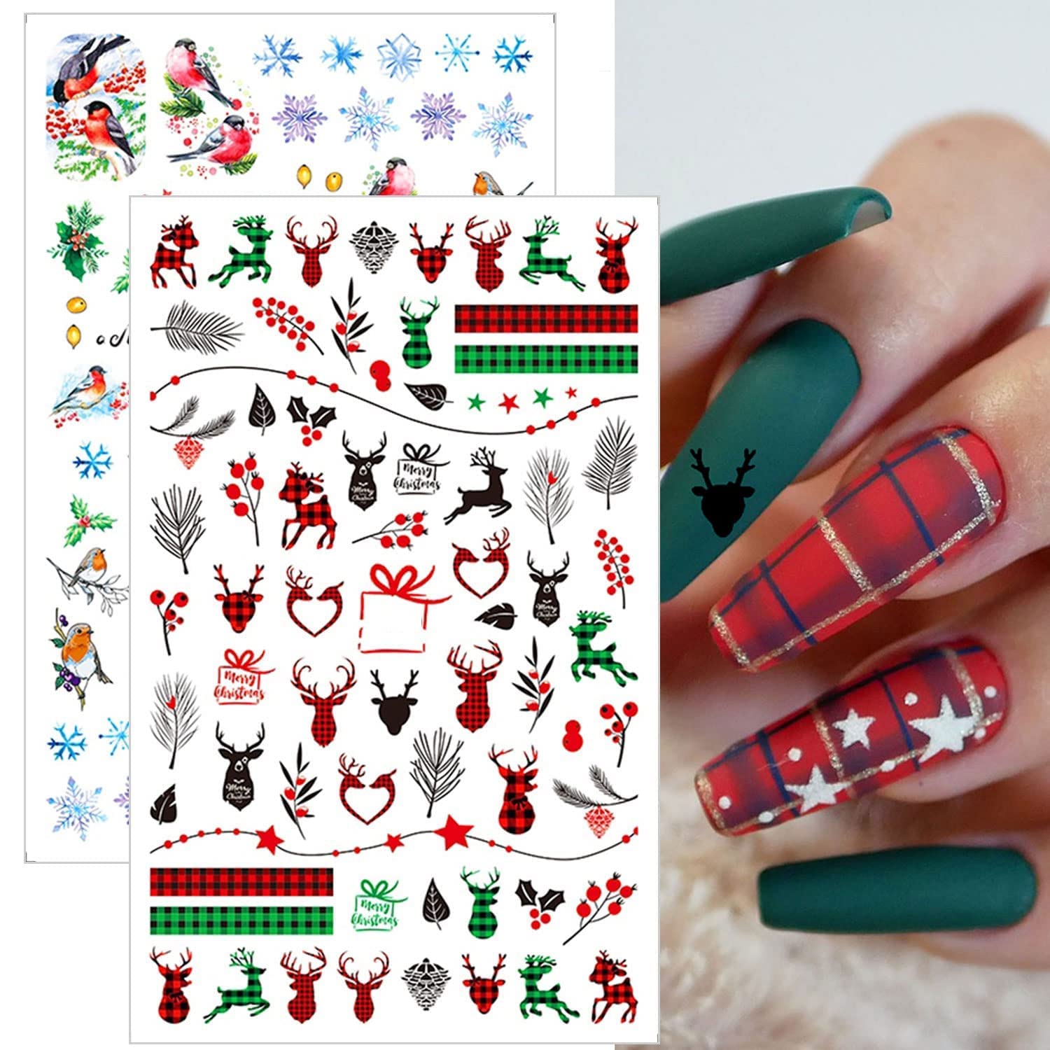 Gexo Christmas Nail Art Stickers Decals Snowflake 3D Nail Art Accessories Winter Santa Claus Snowflake Elks Leaves Birds Tree Design Nail Stickers for Women Christmas Decorations Supplies 5 Sheets
