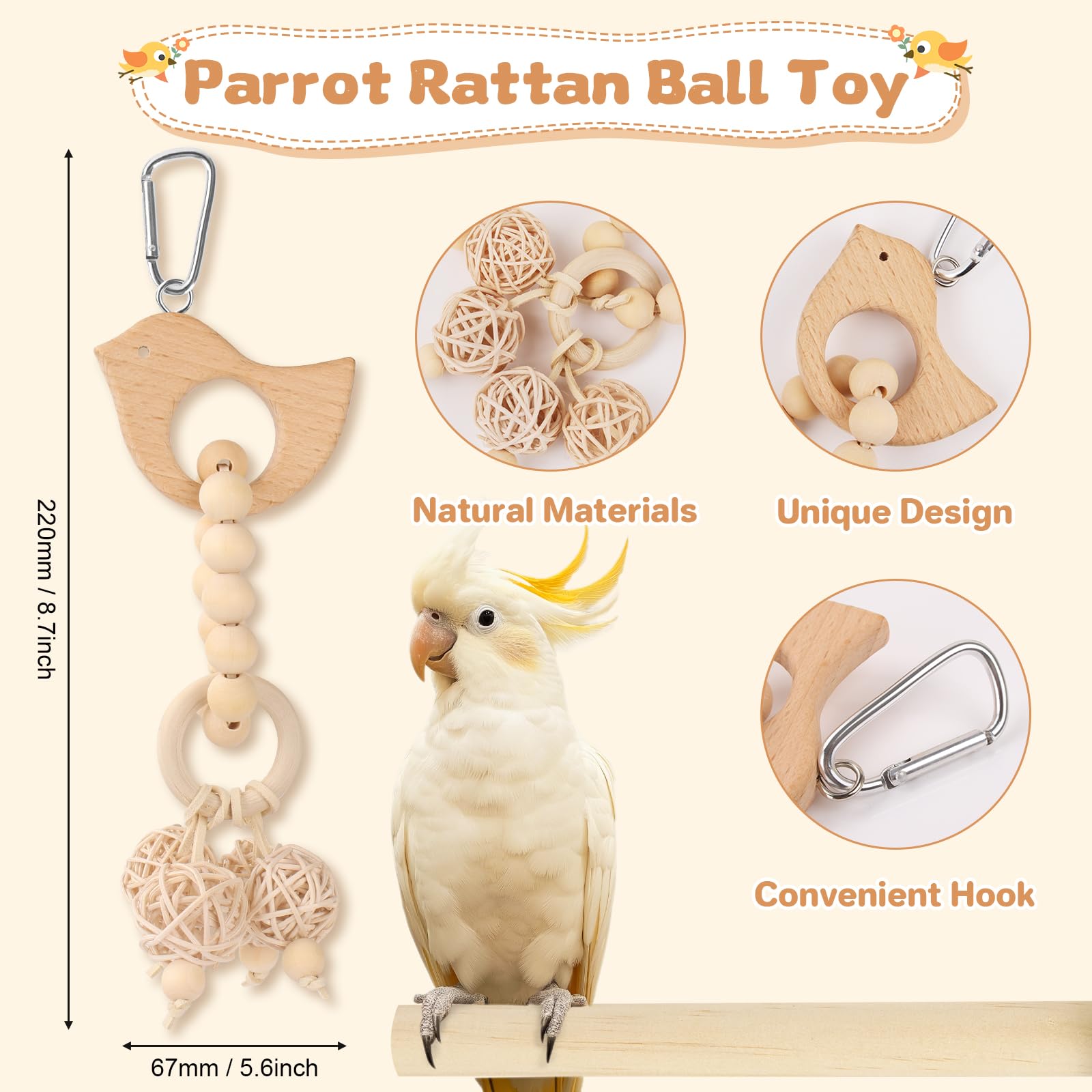 Pethee 8 Pack Parakeet Toys Set: Bird Cage Accessories with Parrot Swing, Chew Toys, Wooden Swing, Hanging Bell - Image 2
