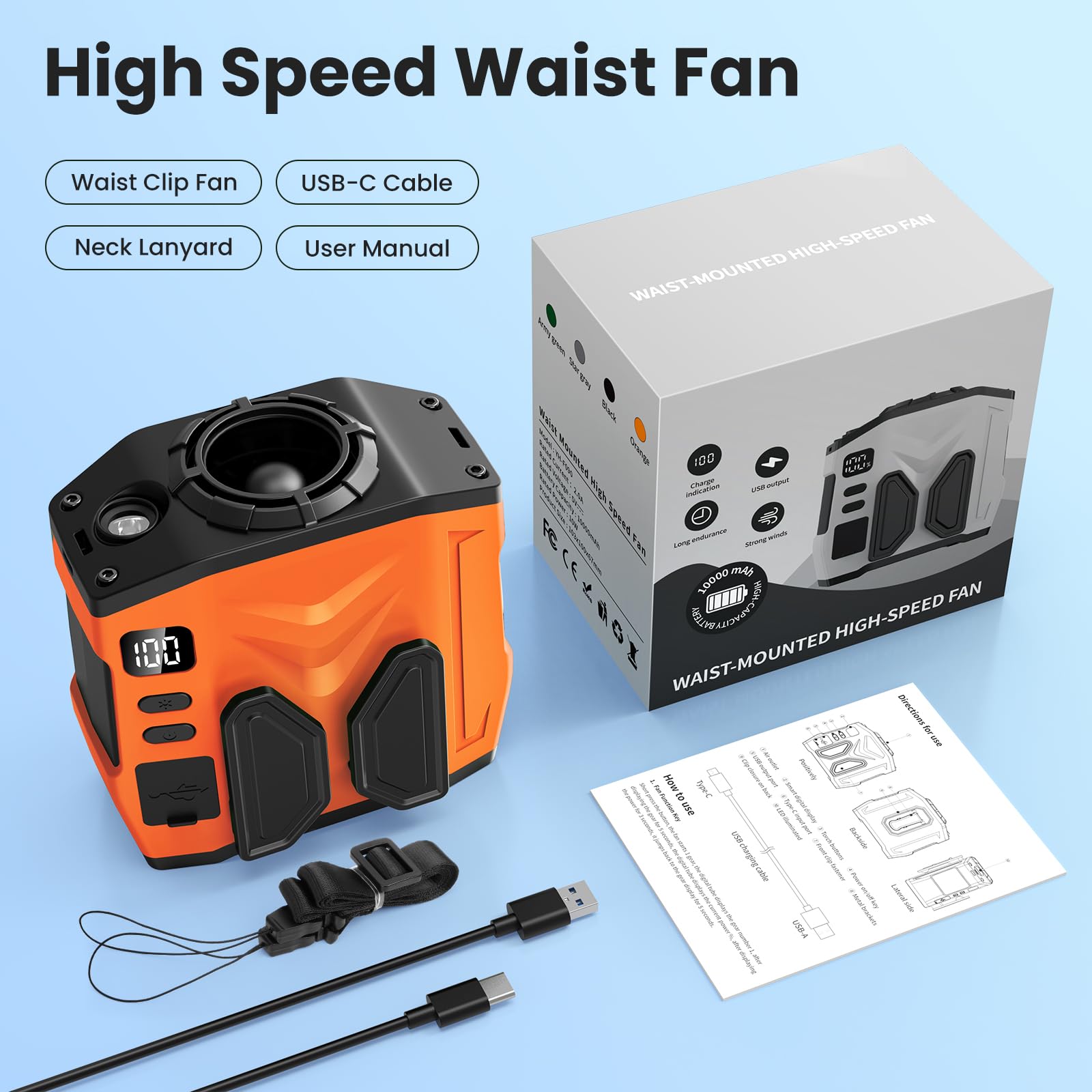 Ventilador de cintura personal portátil recargable, 10000 mAh, 5 velocidades, 13500 rpm, fuerte flujo de aire, luz LED y tiempo de funcionamiento de 30 horas, ventilador manos libres para camisa 8