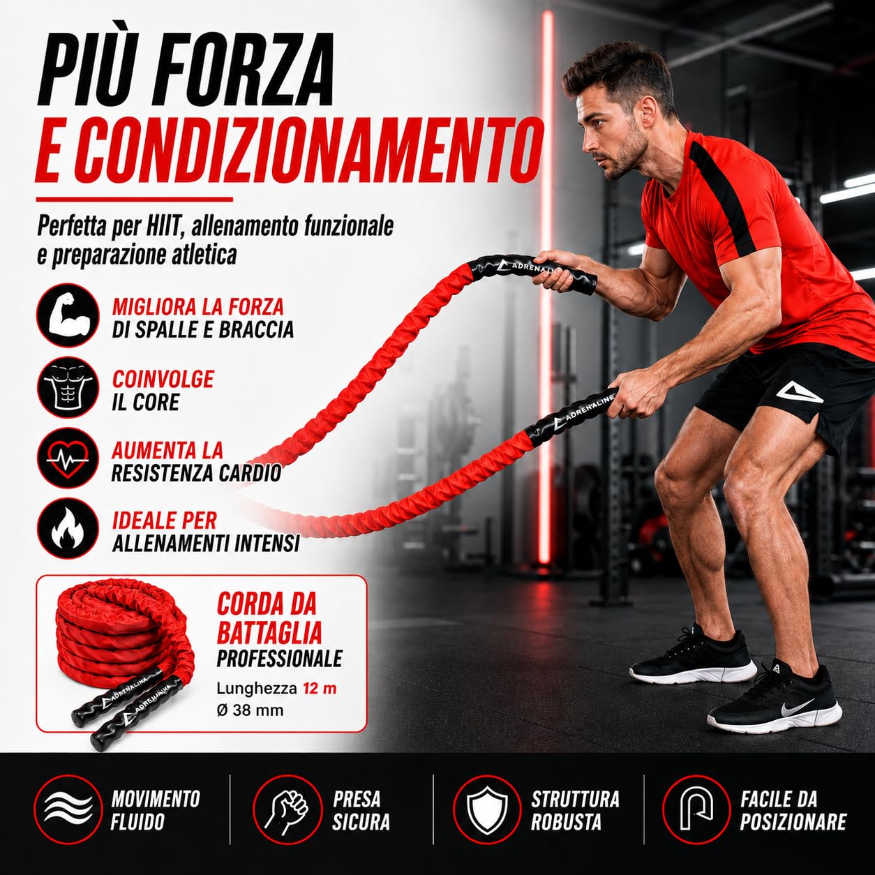 Adrenaline Battle Rope 12 m, 38 mm, 9,5 kg, con Rivestimento in Nylon, Maniglie in Gomma, Kit di Fissaggio a Muro, Strap e Moschettone