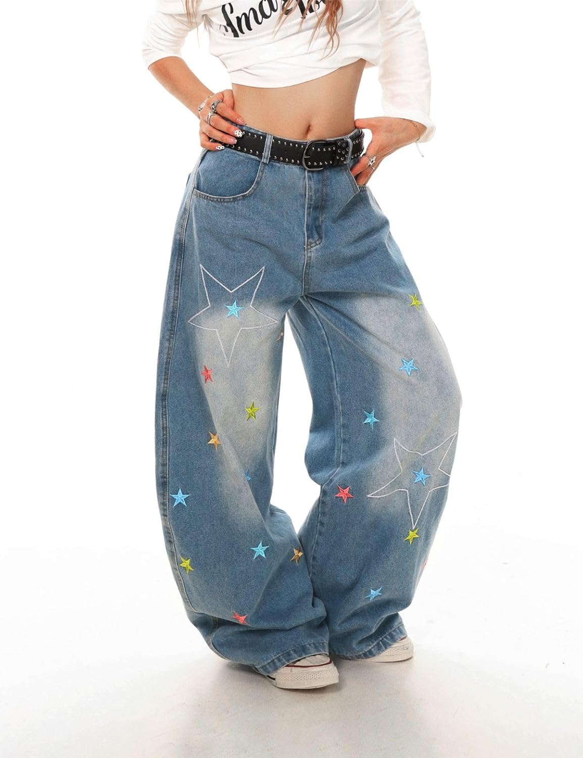 Fullneat Women’s Baggy Jeans High Waist Wide Leg Barrel Pants with Star Embroidery Loose Fit Streetwear Denim Trousers - Image 2