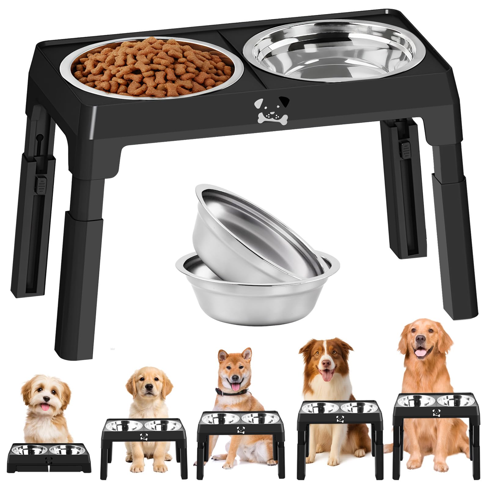Adjustable Raised Dog Bowls, 2 x 1.5 Litre Stainless Steel Bowls, 5 Heights Elevated Feeding Station, Non Slip Foldable Bowl Stand for Small Medium Large Dogs, Protecting Spine