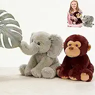MaoGoLan Safari Stuffed Animal Monkey & Elephant Plush Toy for Kids, Jungle Wild Grassland Stuffed Animals Set for Girls Boys, Valentines Birthday Gift, Baby Shower Party Favor Decoration