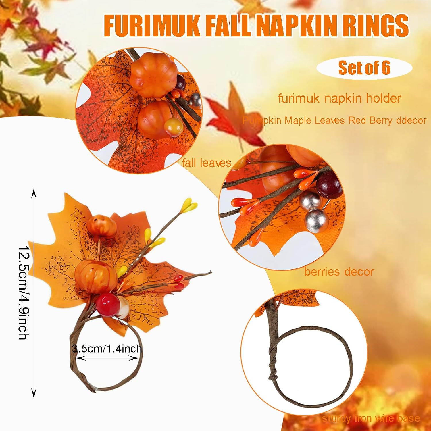 Set of 6 Fall Napkin Rings Thanksgiving Artificial Pumpkin Maple Leaves Berry Napkin Holder for Fall Gathering Table Decor, Wedding, Fall Banquet, Holiday Party Dinner Table Decorations