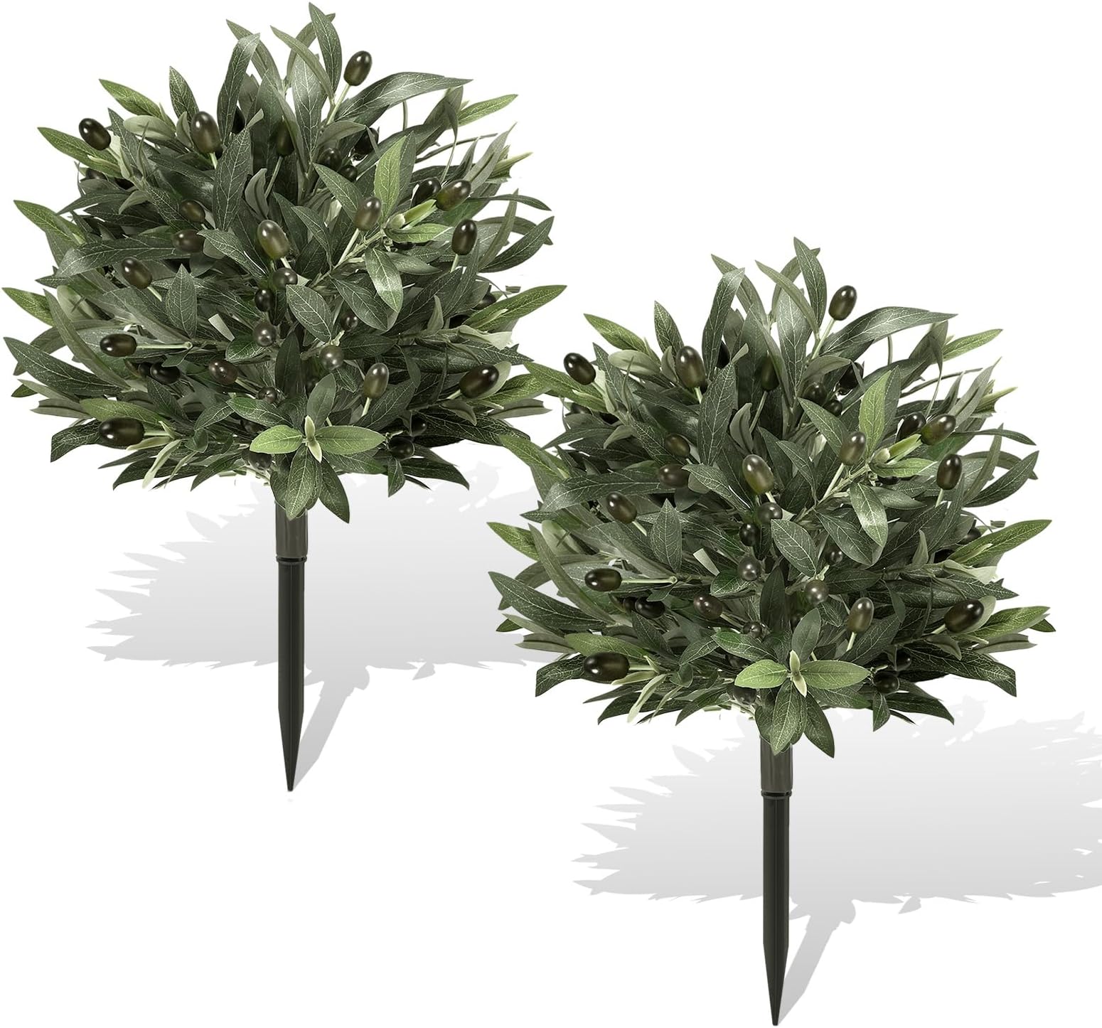 Artificial Topiary Ball Olive Tree Outdoor Plants with Spike, 2 Pack Faux Olive Topiary Ball Bushes UV Resistant Fake Shrubs for Front Porch Décor
