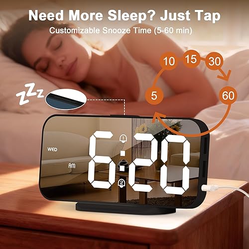 Miniatura 5 de Reloj despertador digital delgado ALANAS para dormitorios, alarmas duales con repetición, superficie de espejo, atenuador de 4 niveles y 2 puertos