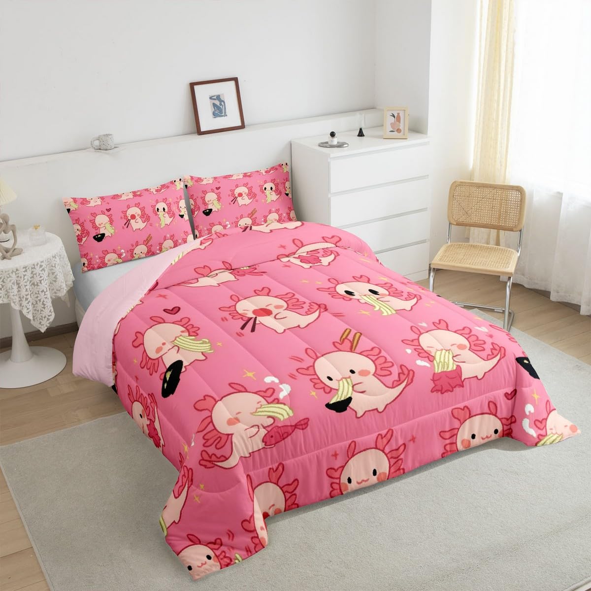 Loussiesd Lustige Axolotl Bettdecke 135x200cm Nette Axolotl Fisch Geschenke für Kinder Jungen Mädchen Steppbett Ultra weiche Axolotl gezogen Nudeln Muster 4-Jahreszeiten Bettdecke Steppdecke