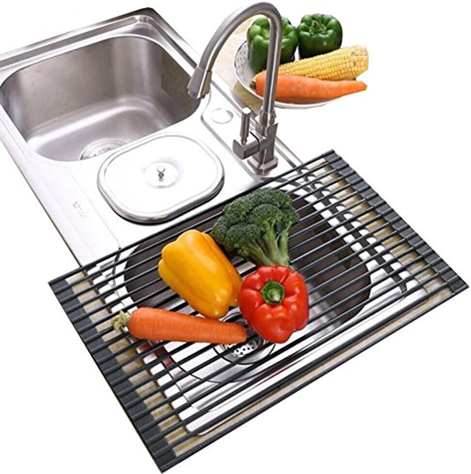 Ahyuan Large 20.5'' Roll up Dish Drying Rack Silicone Foldable Dish Rack Over Sink Dish Drainer Roll-up Sink Drying Rack Full Silicone Coated Stainless Still Dish Drying Rack (Cold Grey)