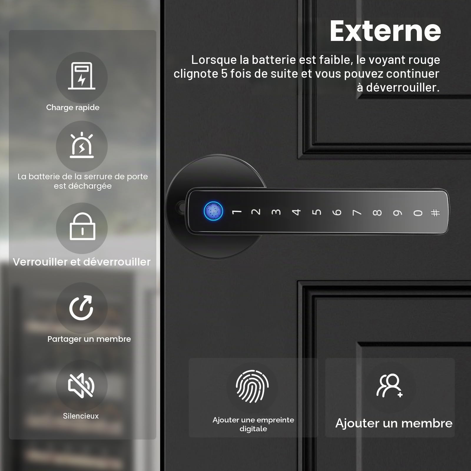 Serrure de Porte Intelligente, Serrure Connectée Wifi Tuya Serrure de Porte Intelligente Serrure Électronique Biométrique Empreintes Digitales RFID Carte Sans clé APP Télécommande Smart Lock