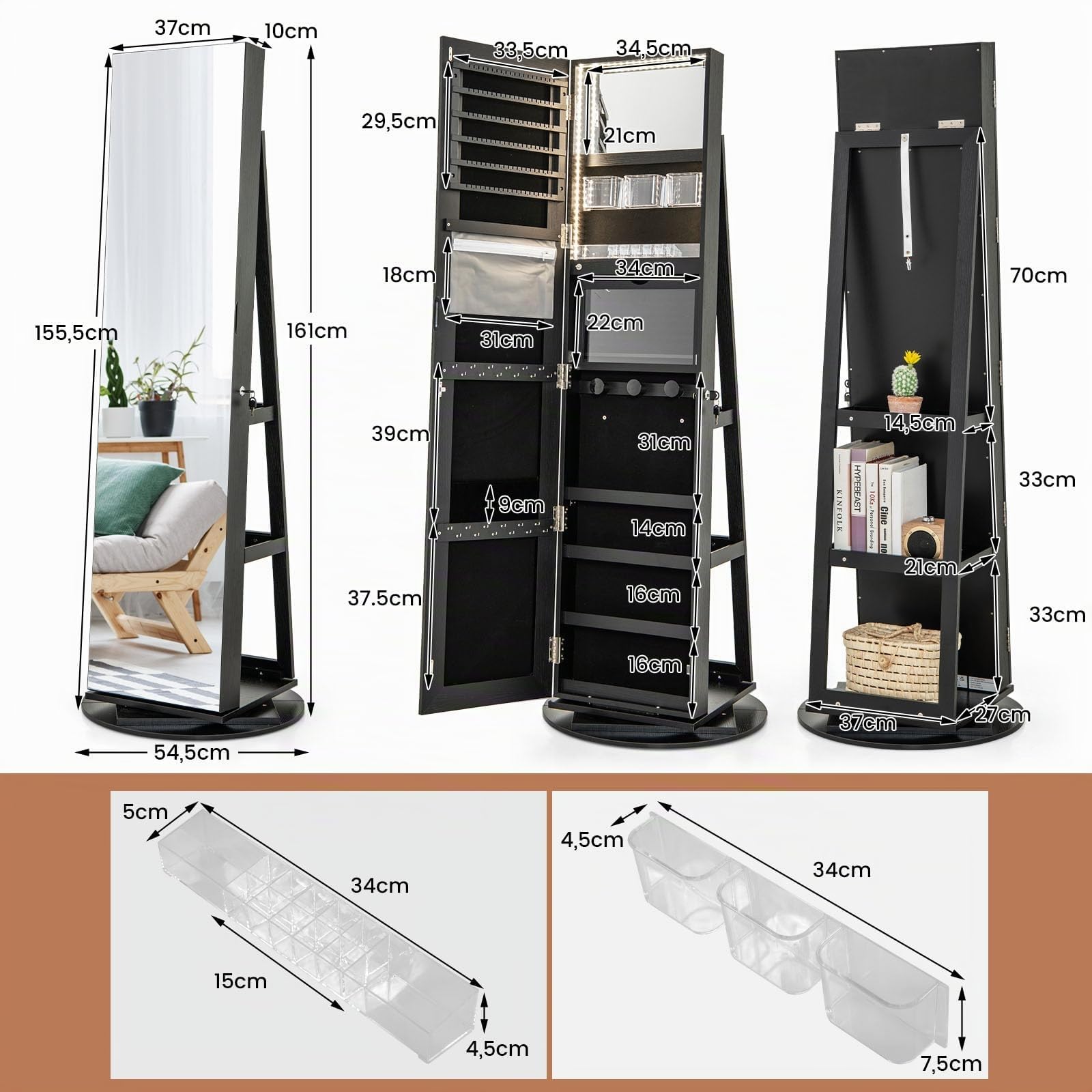 GYMAX Armadietto per Gioielli Girevole a 360°, con Specchio a Figura Intera Luce a LED a 3 Colori, Specchio Interno per il Trucco con Serratura, 54,5 x 54,5 x 161cm (NERO)