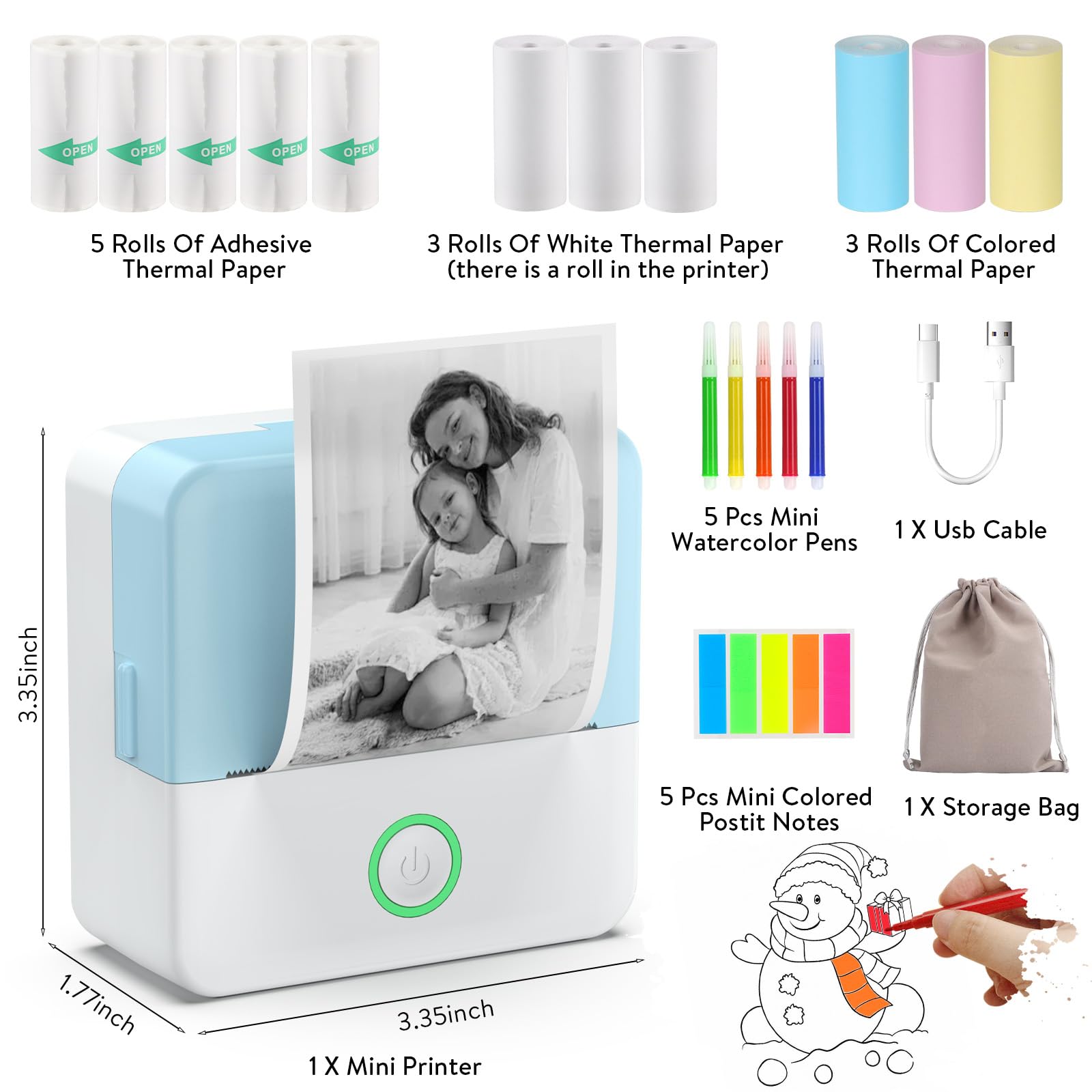 HUIJUTCHEN Mini Pocket Printer Portable Thermal Photo Printer with 10 Rolls Printing Paper for Android or iOS APP Bluetooth Inkless Printer Labler Maker (Blue and White) - Image 3