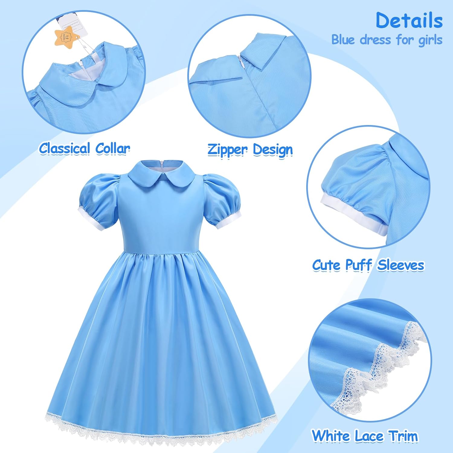 Girls Blue Dress Princess Fancy Dress Up for Halloween Cosplay with White Apron Bow HairBand Bag Socks Set - Image 3