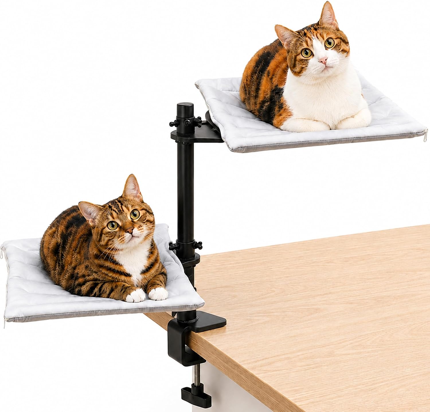 Binboov Double Cat Desk Bed, Grey | Clamp-On for Desk, 360° Rotating & Adjustable, Breathable Covers, Supports Up to 70 lb, For Home Office & Gaming