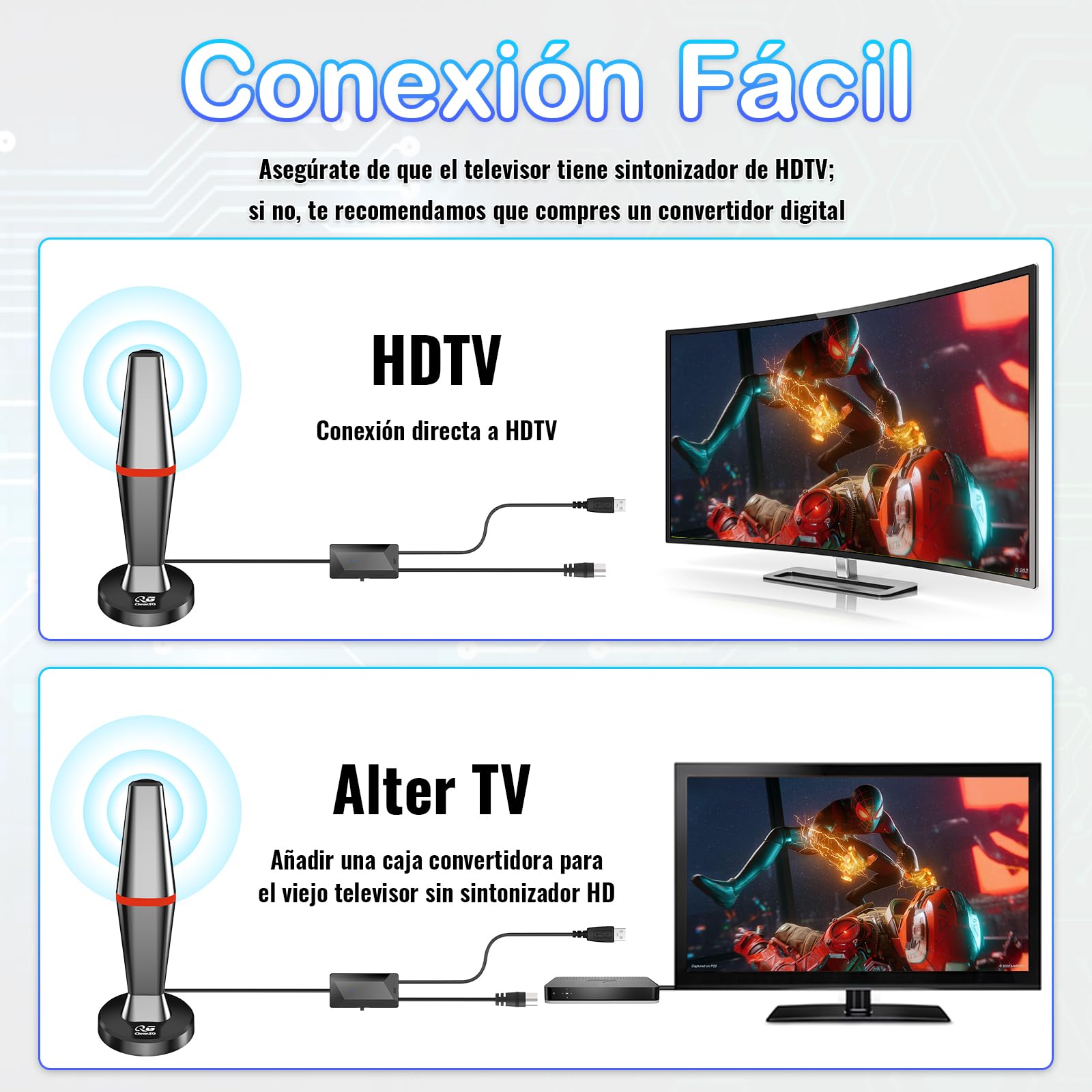 Antena de TV para Interiores y Exteriores, Recepción de Señal Digital (Red)