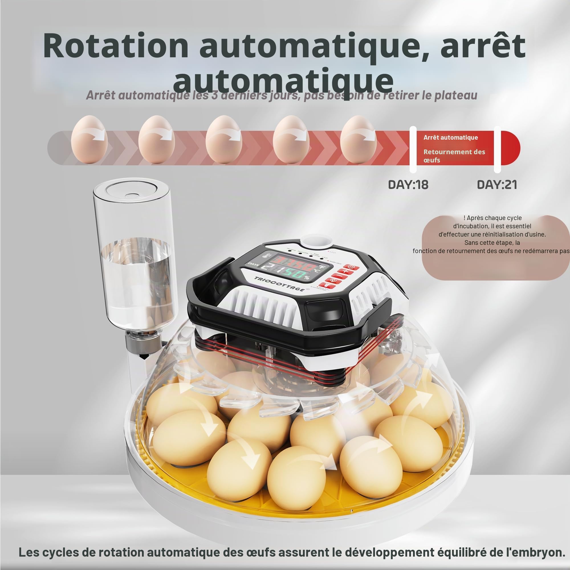 Couveuse Oeuf Automatique 18 Œufs Incubateur oeuf Brumisation auto remplissage Contrôle auto humidité température uniforme Retournement Œufs Auto poule canard oie caille